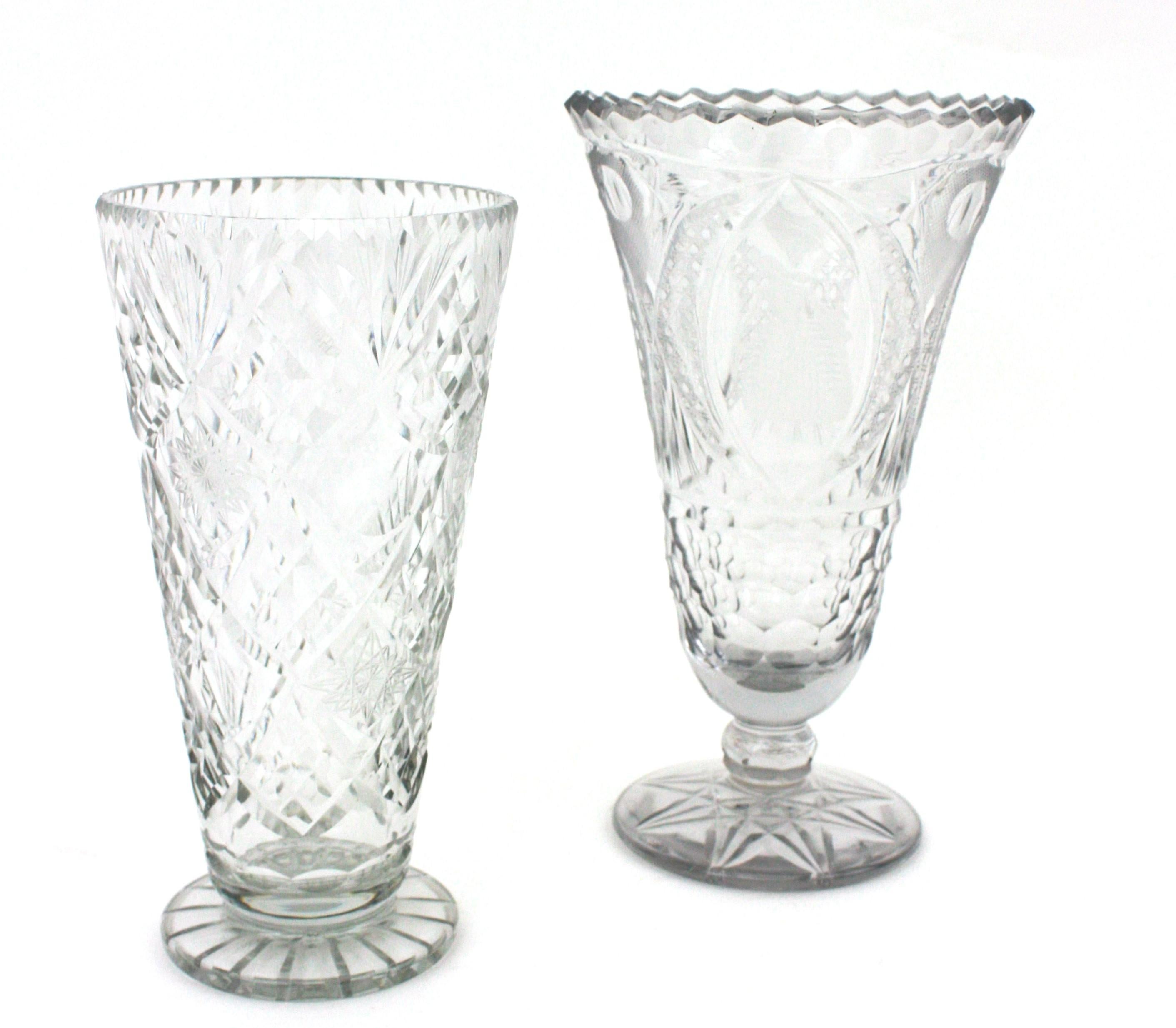 Unmatching Pair of Cut Crystal Vases or Hurricane Candle Holders For Sale 1