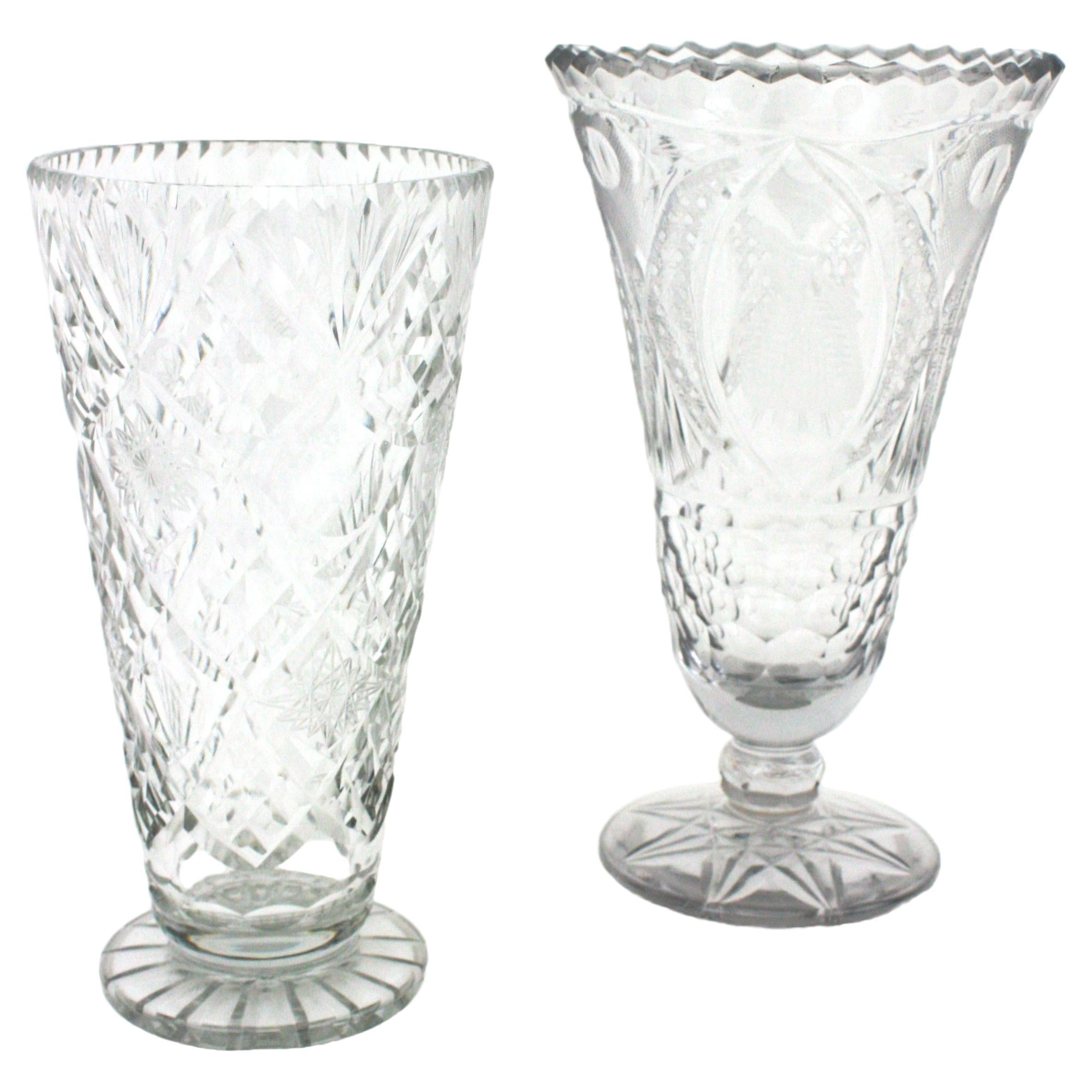 Unmatching Pair of Cut Crystal Vases or Hurricane Candle Holders For Sale