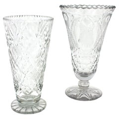 Vintage Unmatching Pair of Cut Crystal Vases or Hurricane Candle Holders
