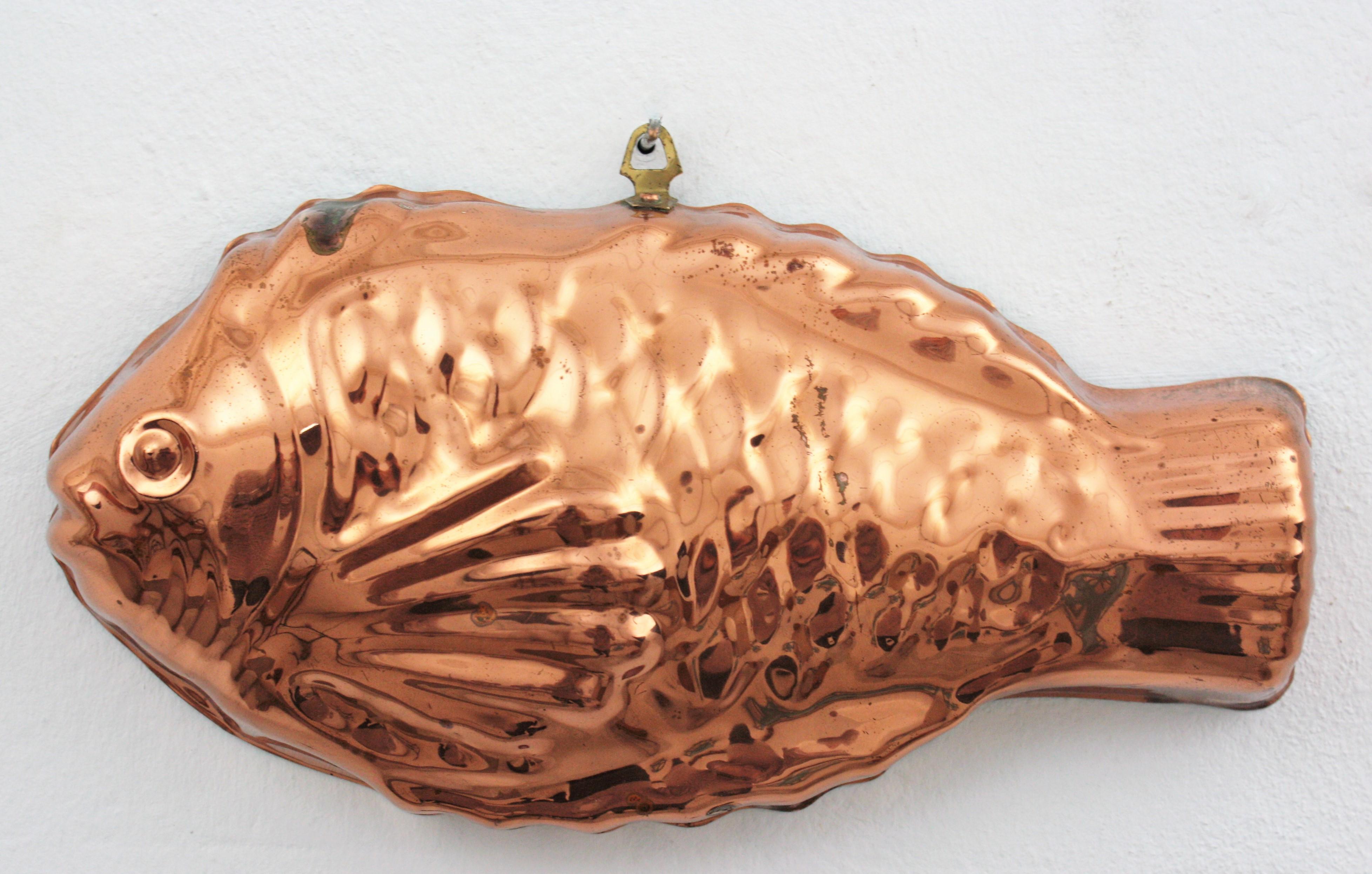 Rustic Unmatching Pair of Fish Copper Moulds from Portugal, 1920s