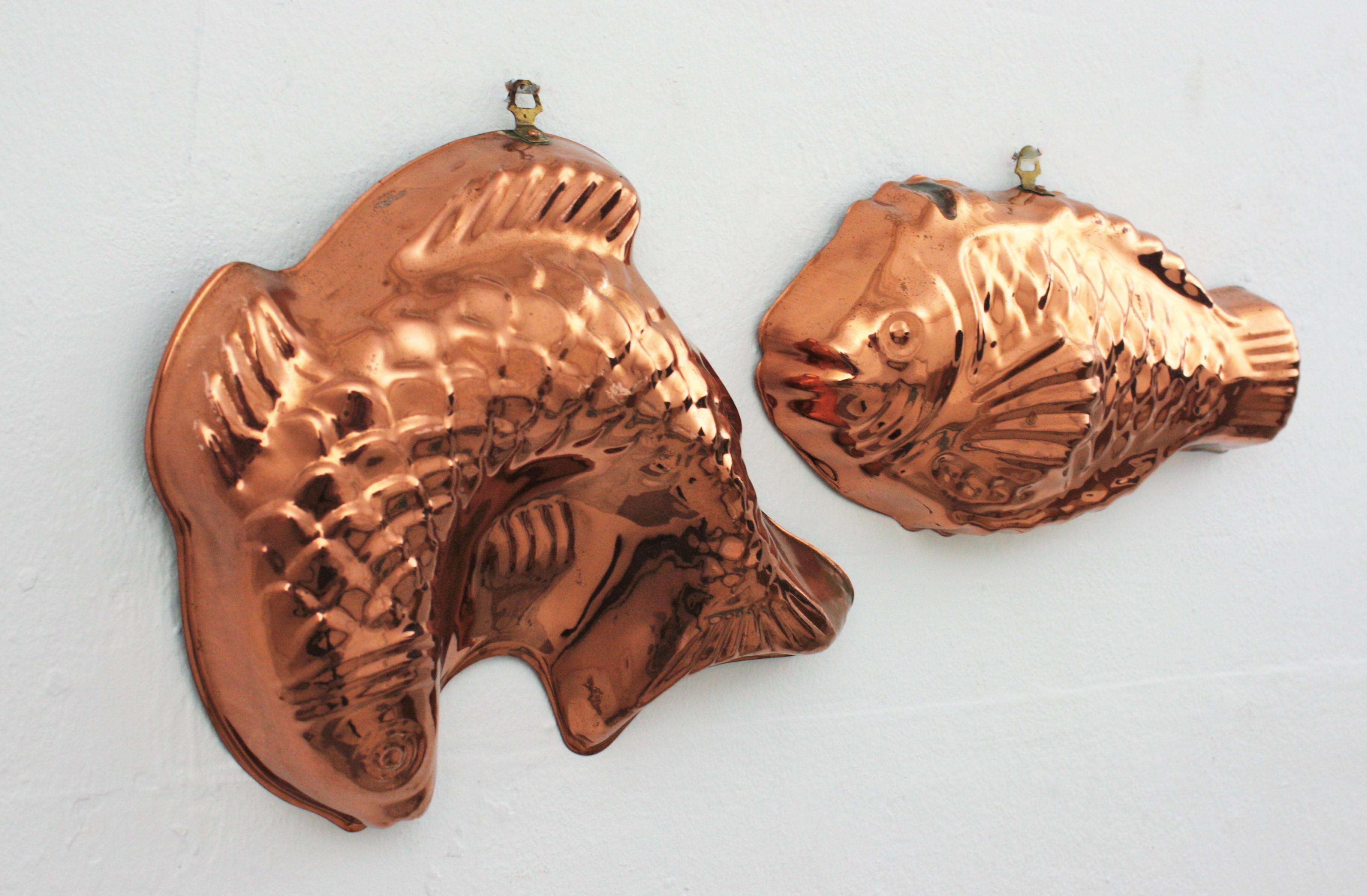 Molded Unmatching Pair of Fish Copper Moulds from Portugal, 1920s