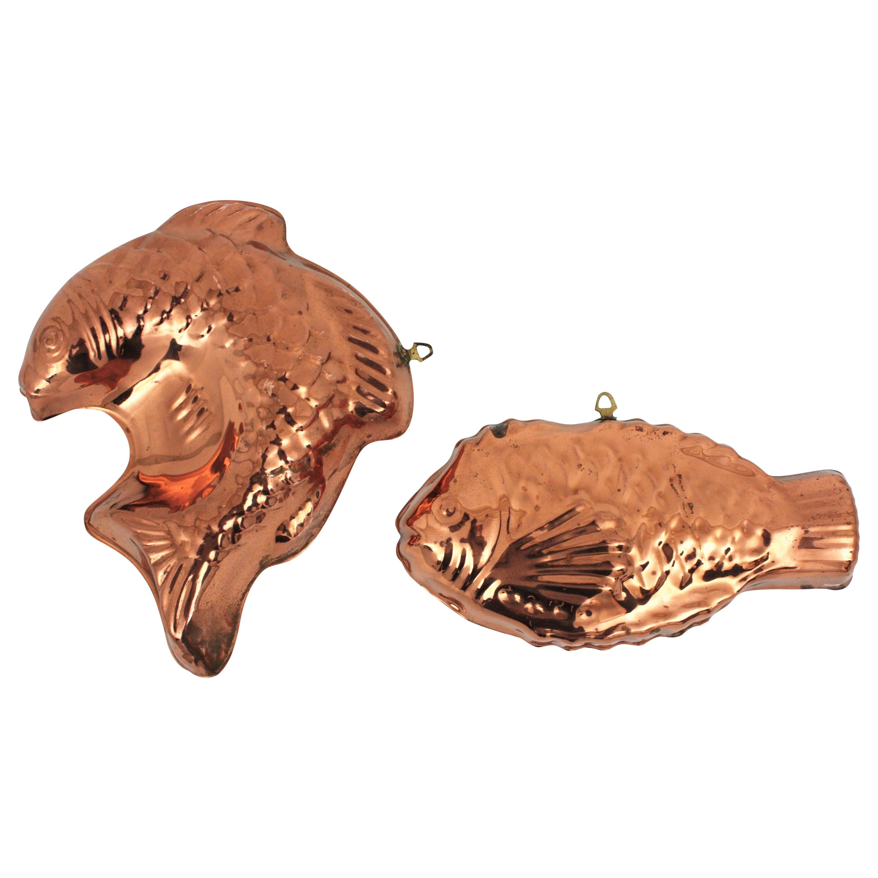 Unmatching Pair of Fish Copper Moulds from Portugal, 1920s