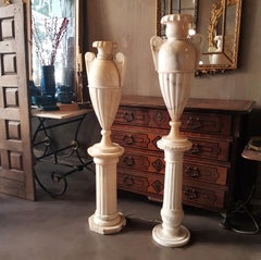 Unmatching Pair of Large Neoclassical Alabaster Urn Lamps & Column Pedestals