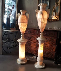 Unmatching Pair of Large Neoclassical Alabaster Urn Lamps & Column Pedestals