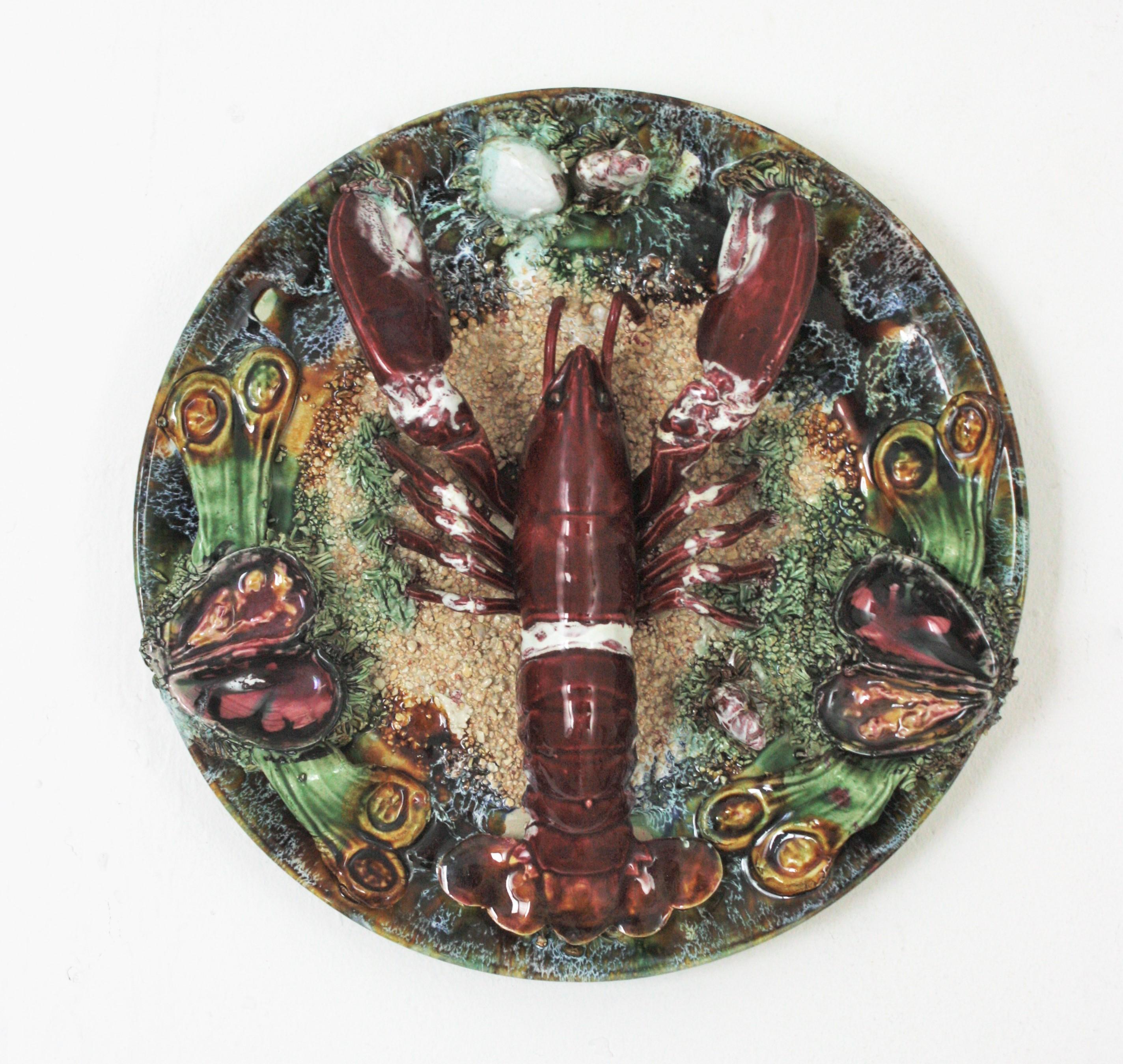 Glazed Unmatching Pair of Majolica Ceramic Trompe L'oeil Crab Lobster Wall Plates For Sale