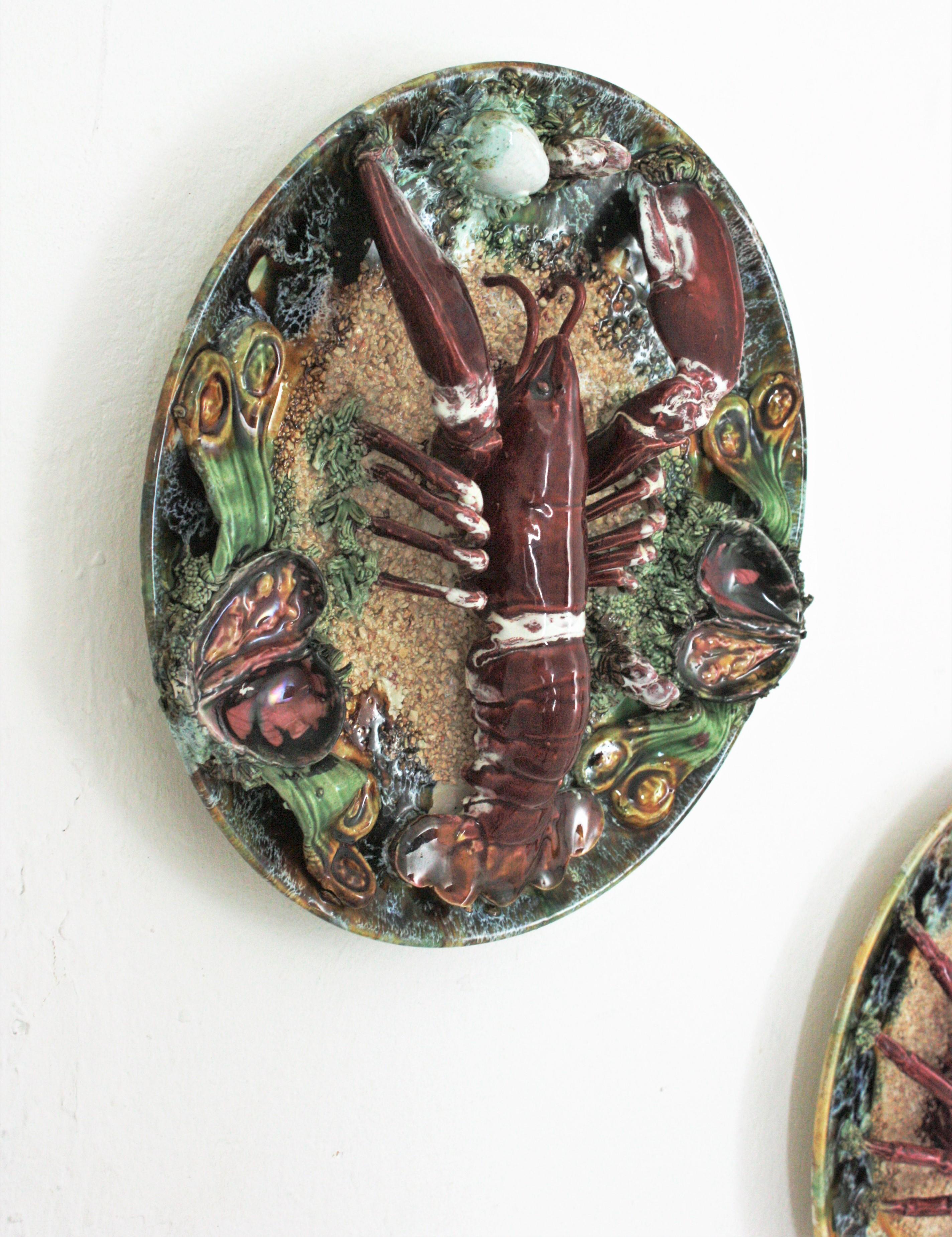 20th Century Unmatching Pair of Majolica Ceramic Trompe L'oeil Crab Lobster Wall Plates For Sale