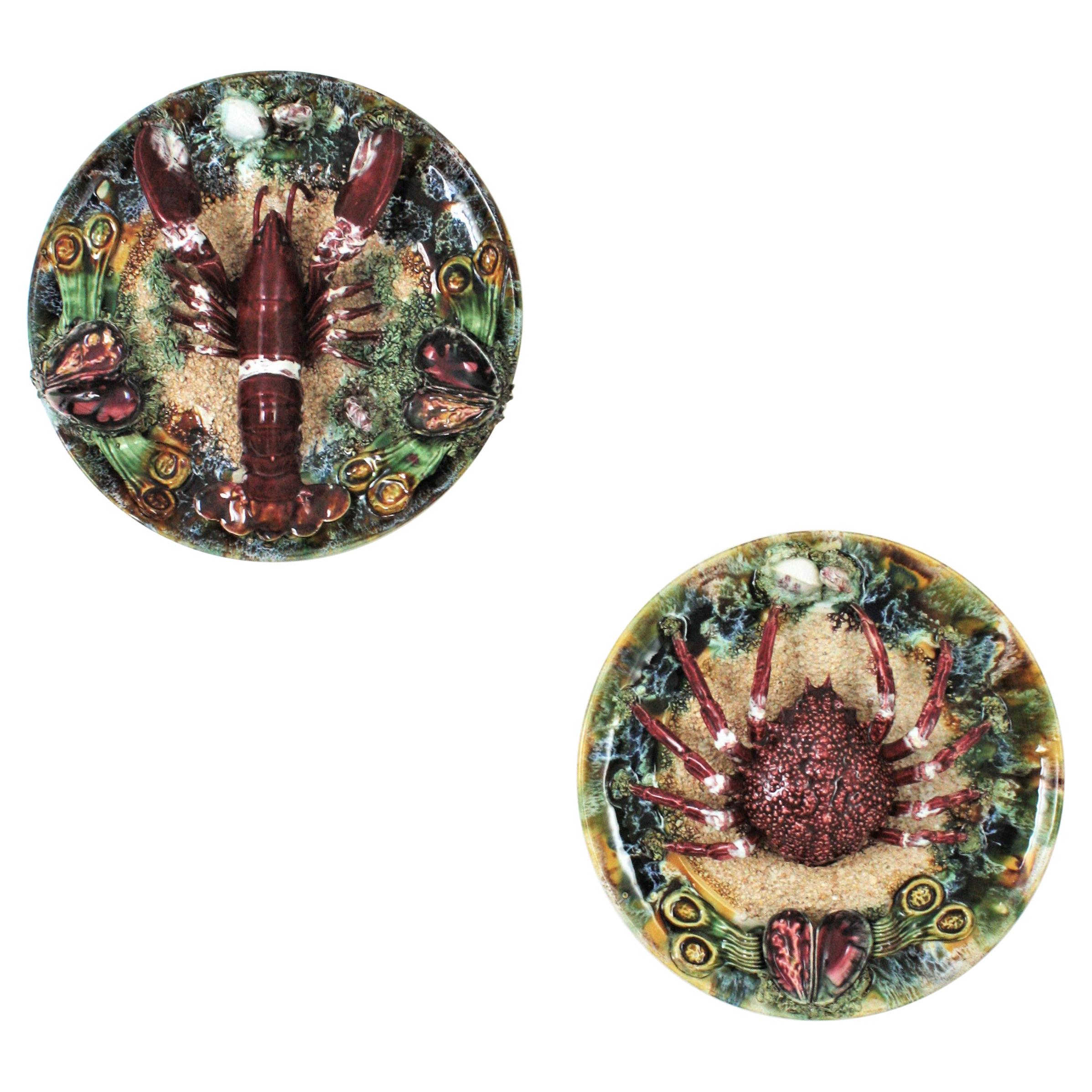 Unmatching Pair of Majolica Ceramic Trompe L'oeil Crab Lobster Wall Plates For Sale