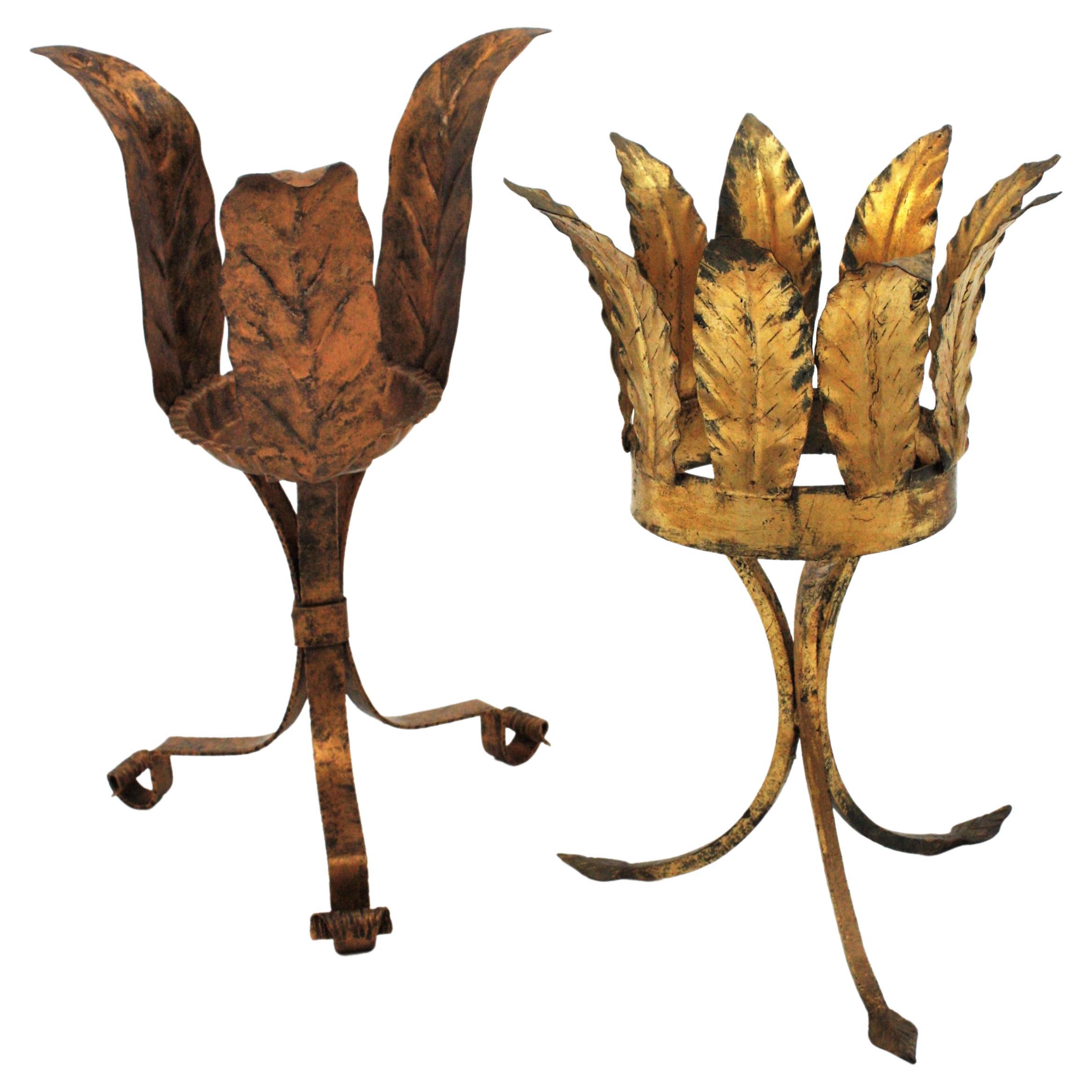 Set of two gilt wrought iron leafed planters on tripod bases. Manufactured at the Mid-Century Modern period, Spain, 1950-1960.
Both standing on tripod bases. Different design, one with a triple leafed top and the other one with leafed crown shaped