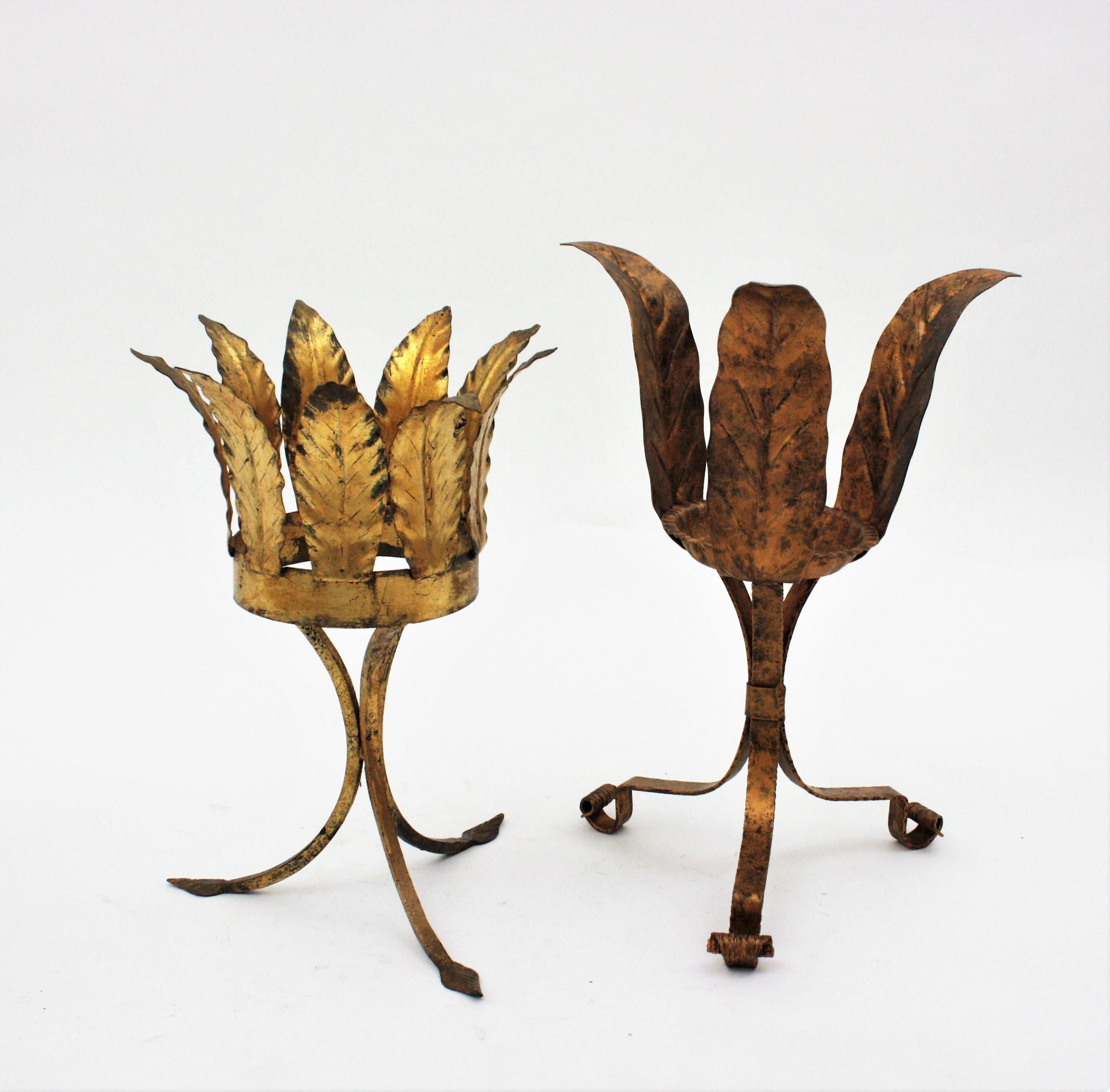 Mid-Century Modern Unmatching Pair of Plant Stands or Jardinières in Gilt Iron For Sale