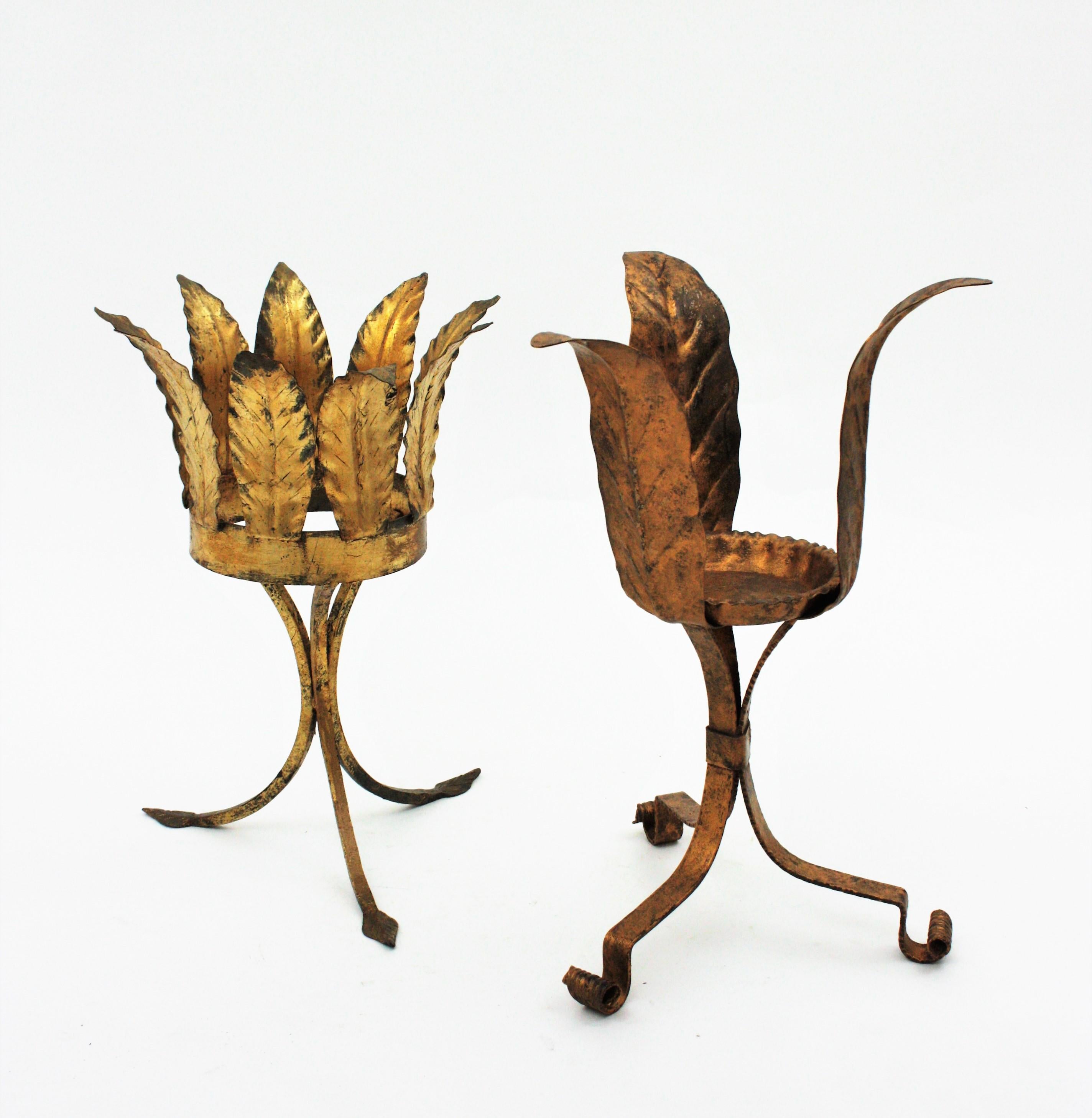 Forged Unmatching Pair of Plant Stands or Jardinières in Gilt Iron For Sale