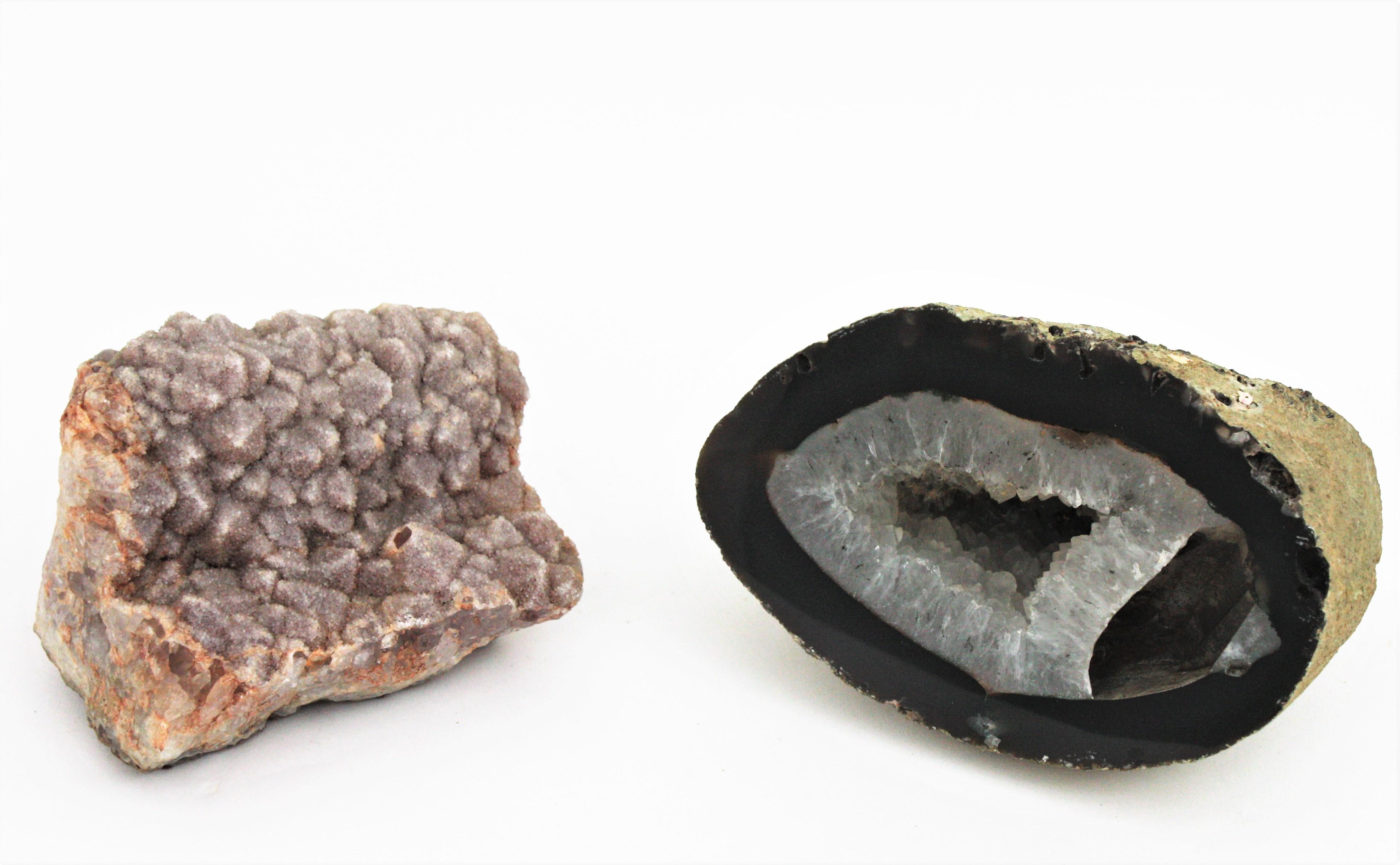 20th Century Unmatching Pair of Quartz & Amethyst Geode Mineral Stone Bookends / Paperweights For Sale