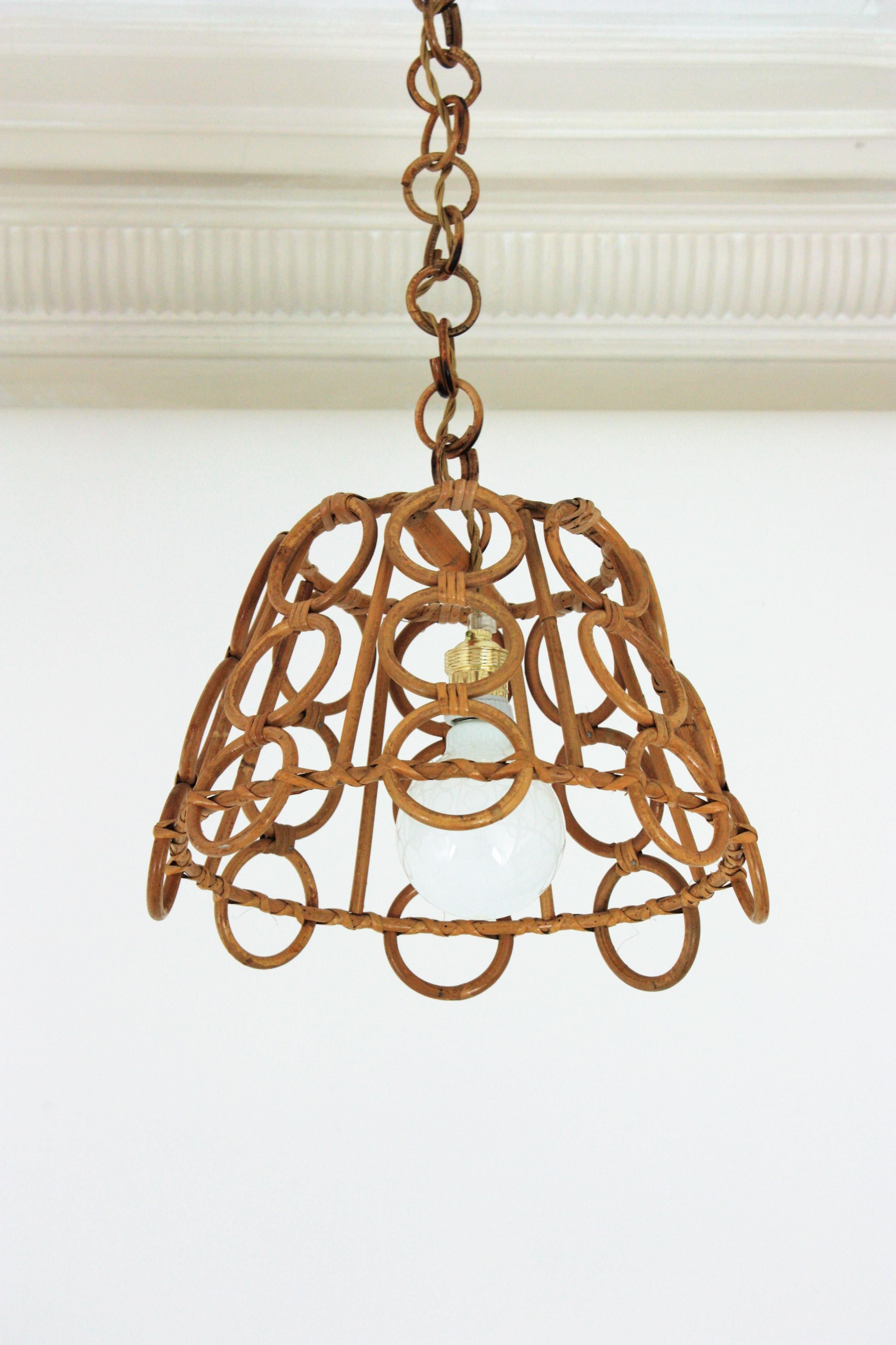 Unmatching Pair of Rattan Bamboo Pendants / Hanging Lights For Sale 4