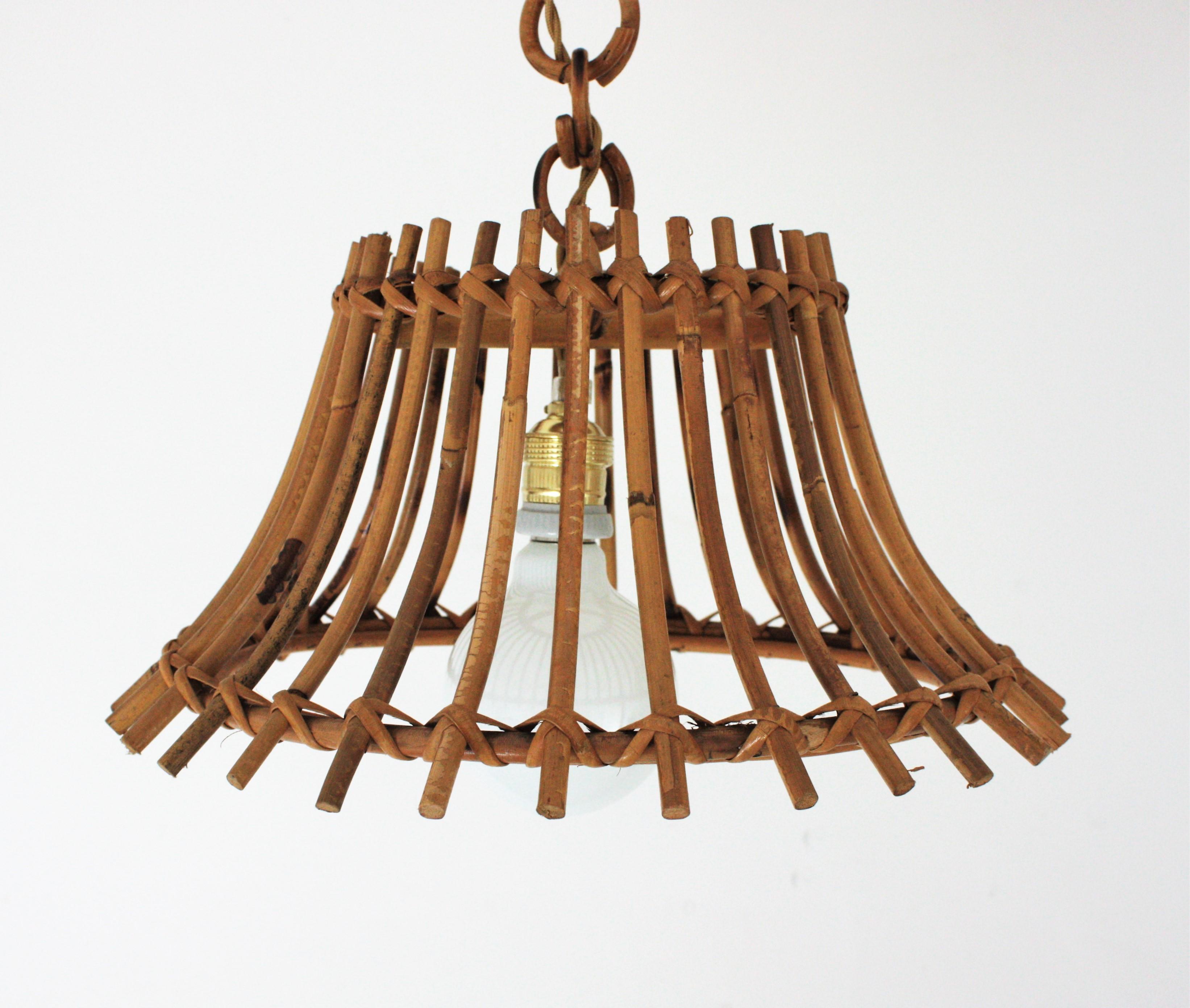 Unmatching Pair of Rattan Bamboo Pendants / Hanging Lights For Sale 8