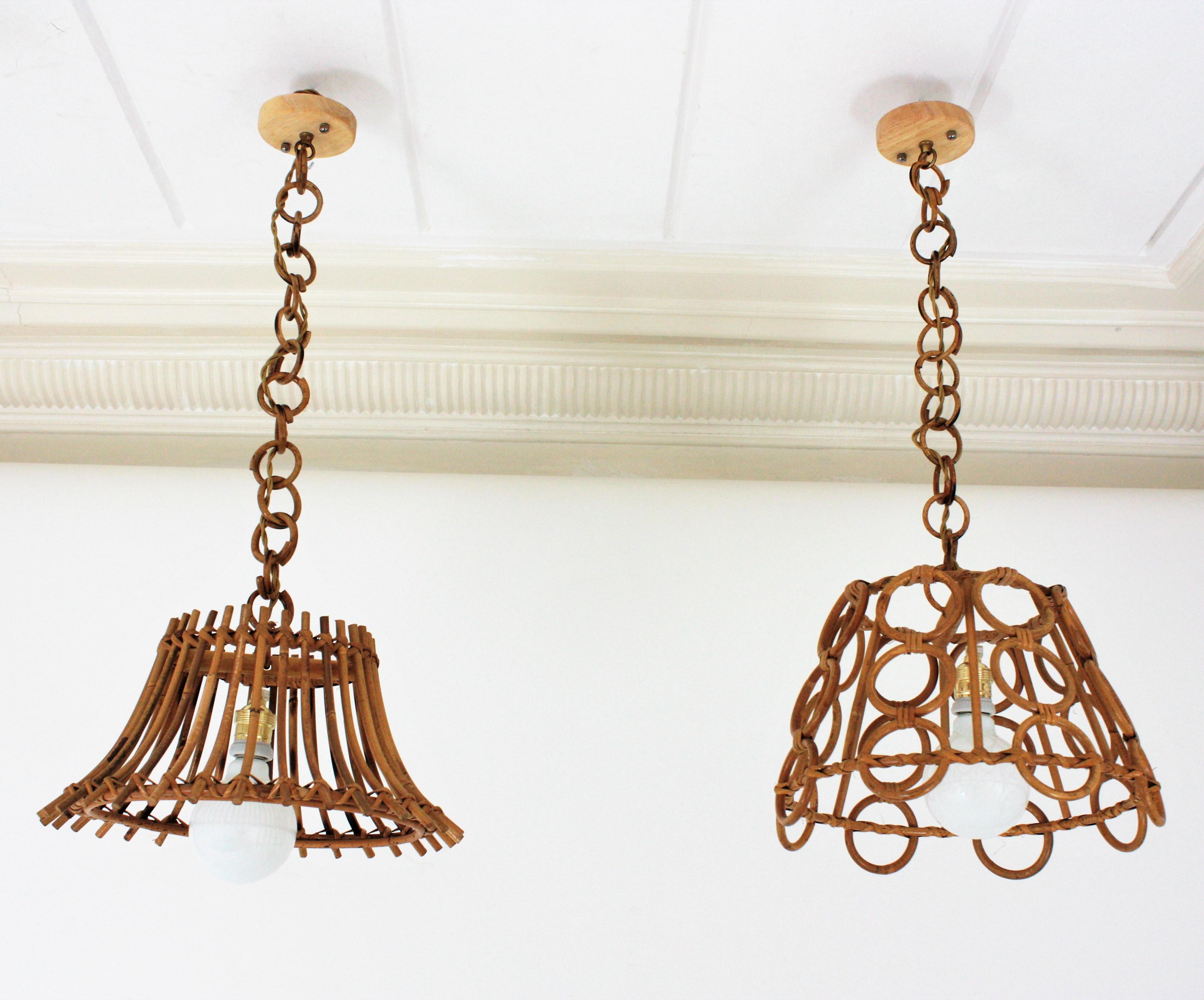 Unmatching Pair of Rattan Bamboo Pendants / Hanging Lights For Sale 6