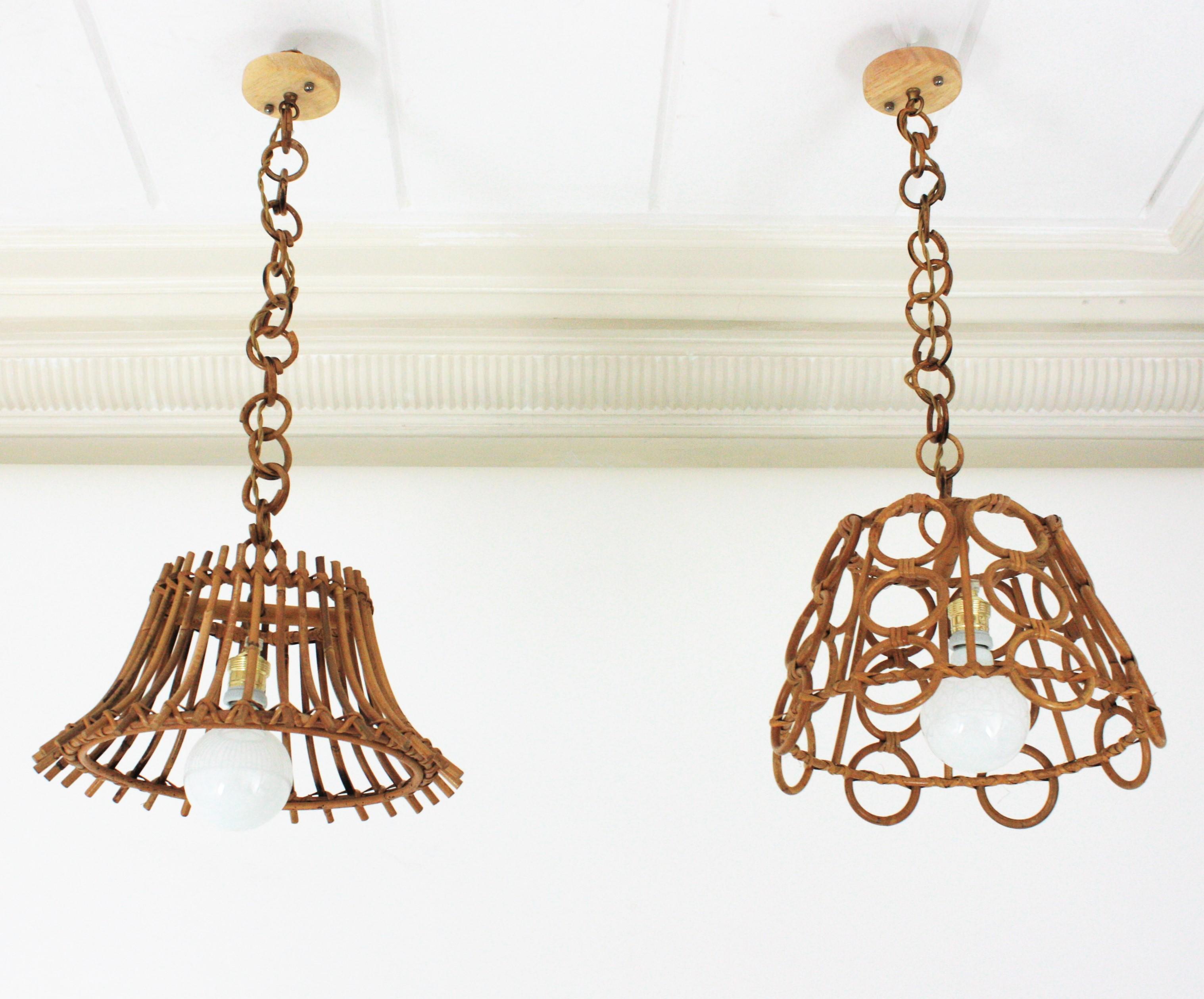 Mid-Century Modern Unmatching Pair of Rattan Bamboo Pendants / Hanging Lights For Sale