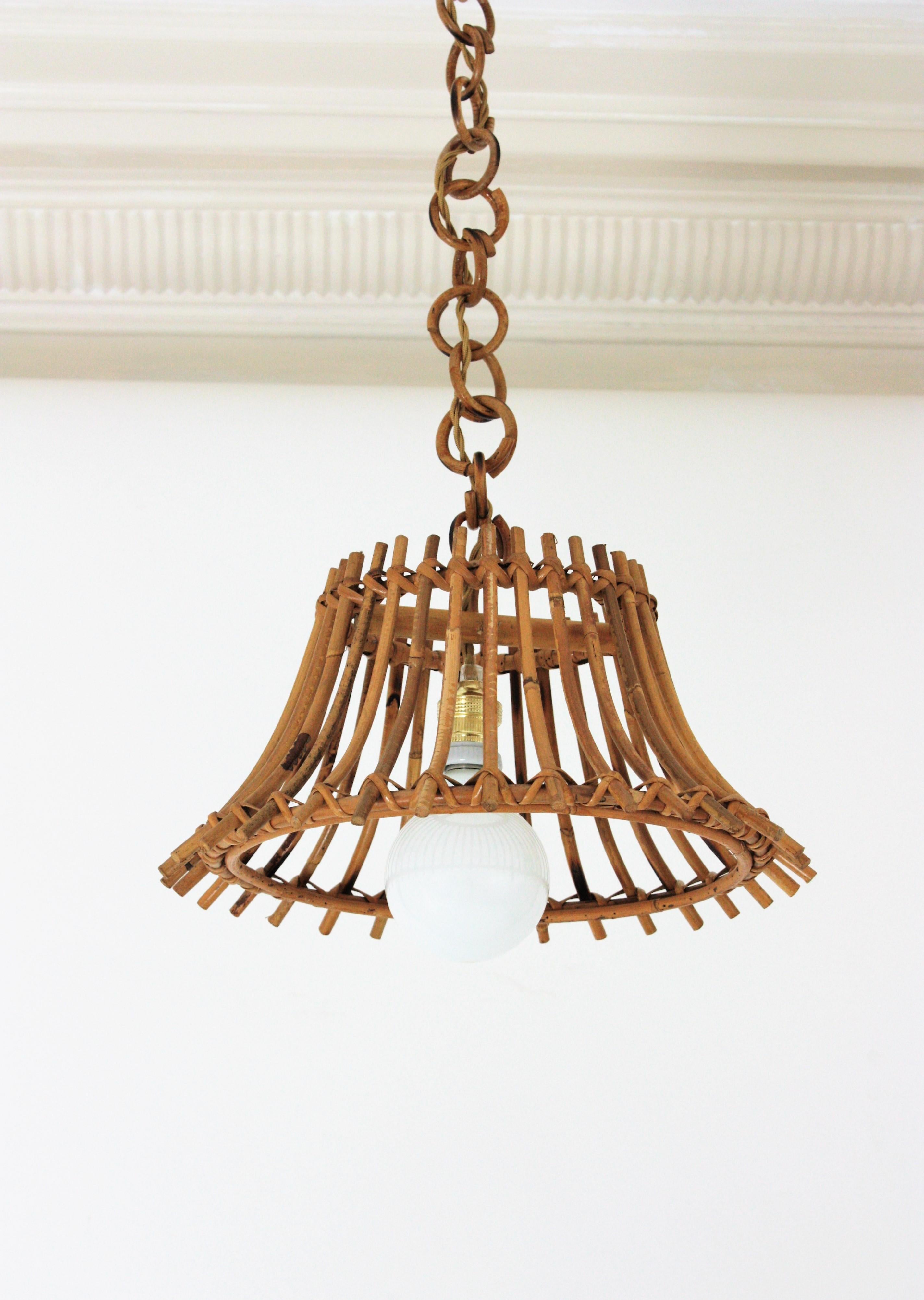 20th Century Unmatching Pair of Rattan Bamboo Pendants / Hanging Lights For Sale