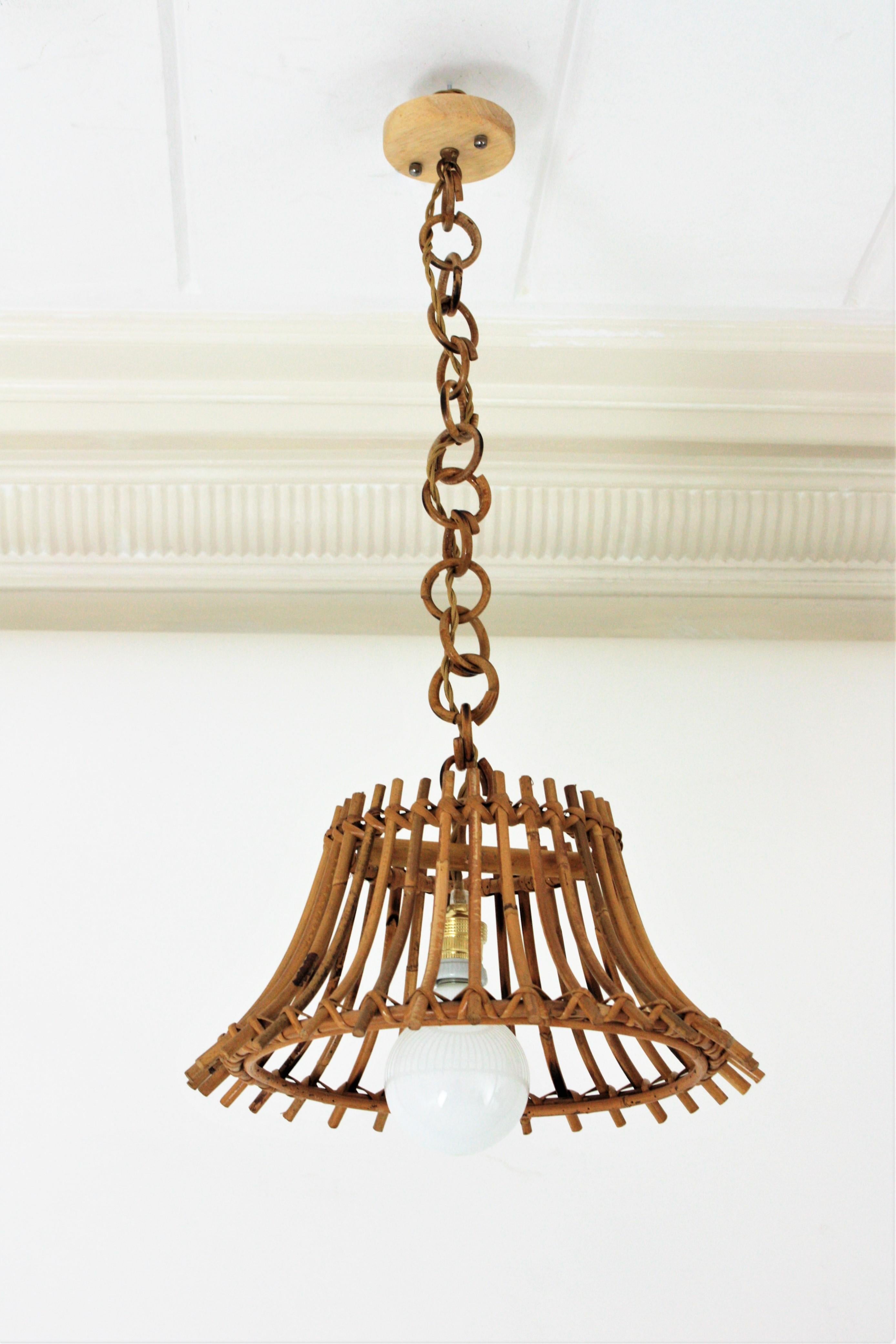 Unmatching Pair of Rattan Bamboo Pendants / Hanging Lights For Sale 2