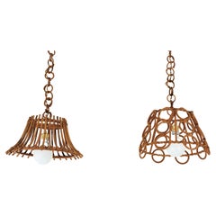 Unmatching Pair of Rattan Bamboo Pendants / Hanging Lights