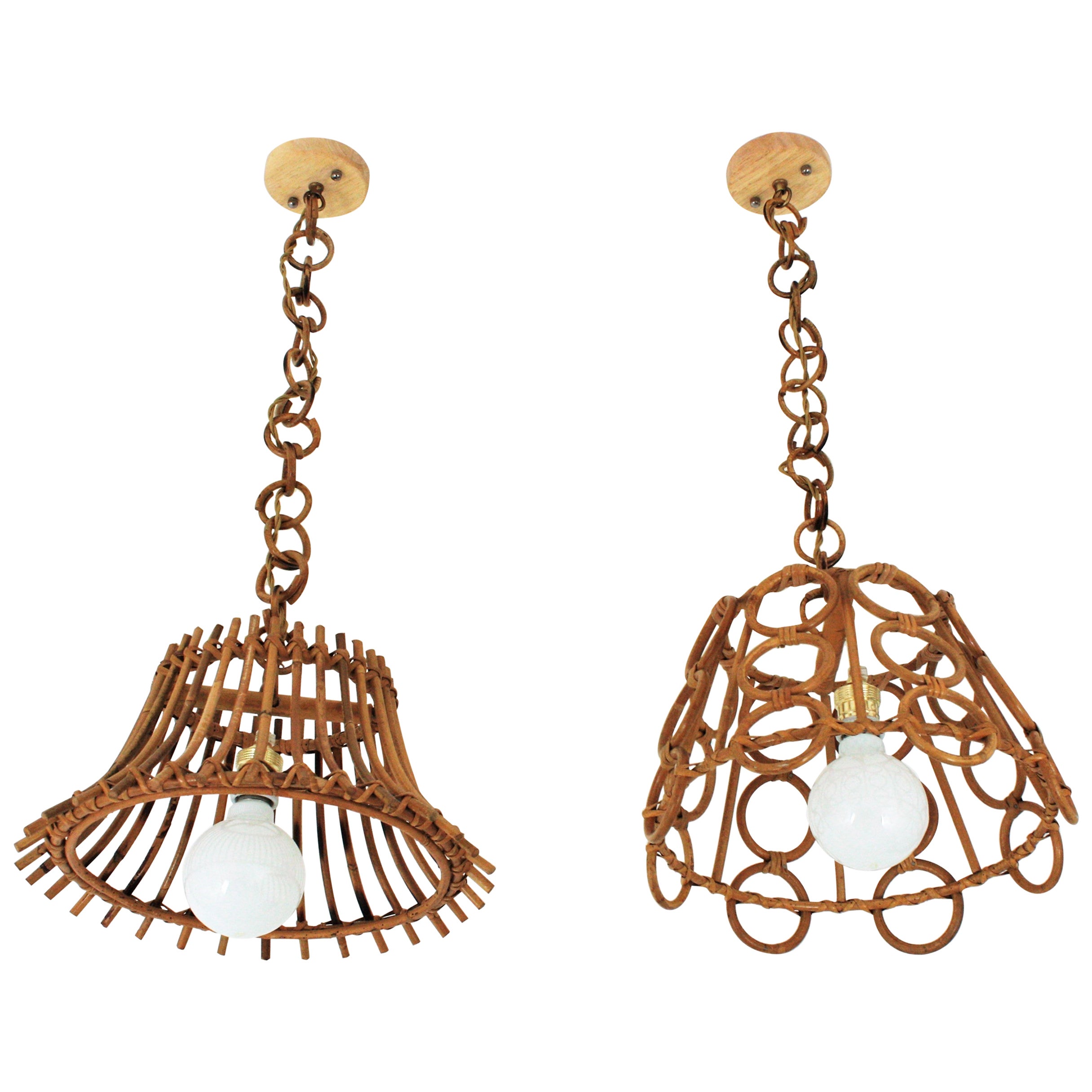 Unmatching Pair of Rattan Bamboo Pendants / Hanging Lights