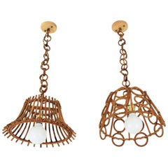 Unmatching Pair of Rattan Bamboo Pendants / Hanging Lights