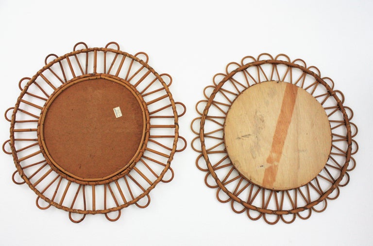Rattan Round Sunburst Mirrors, Unmatching Pair For Sale at 1stDibs