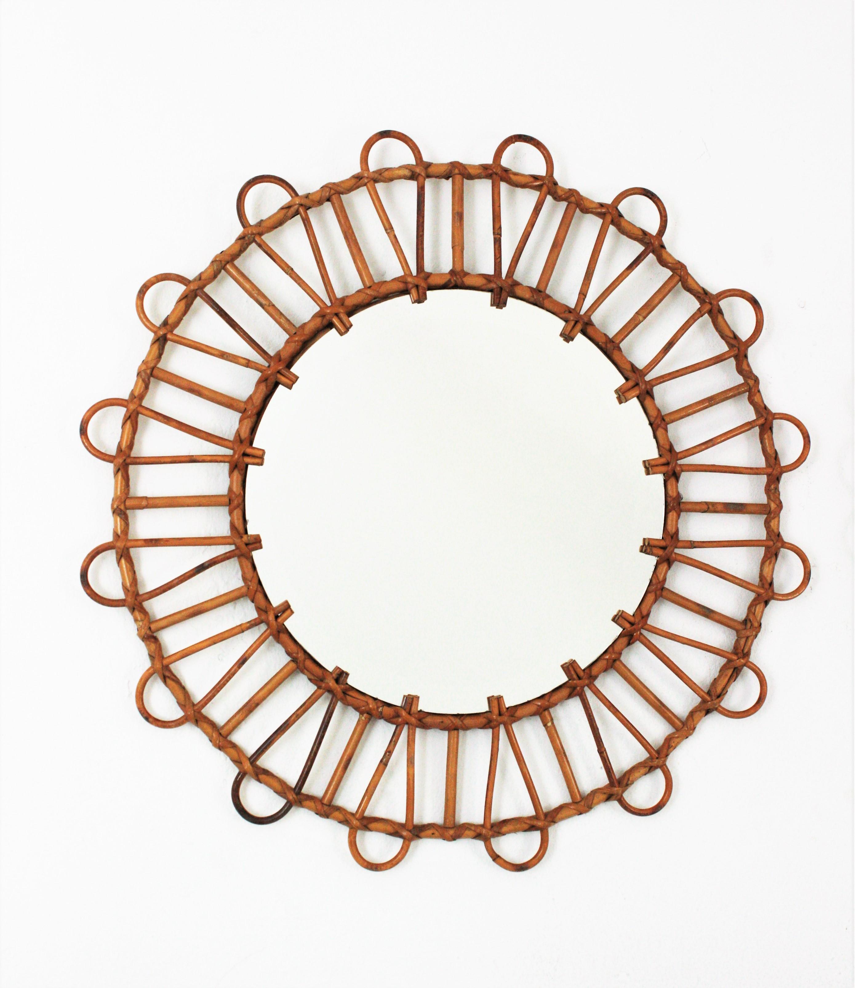 Mid-Century Modern Rattan Round Sunburst Mirrors, Unmatching Pair