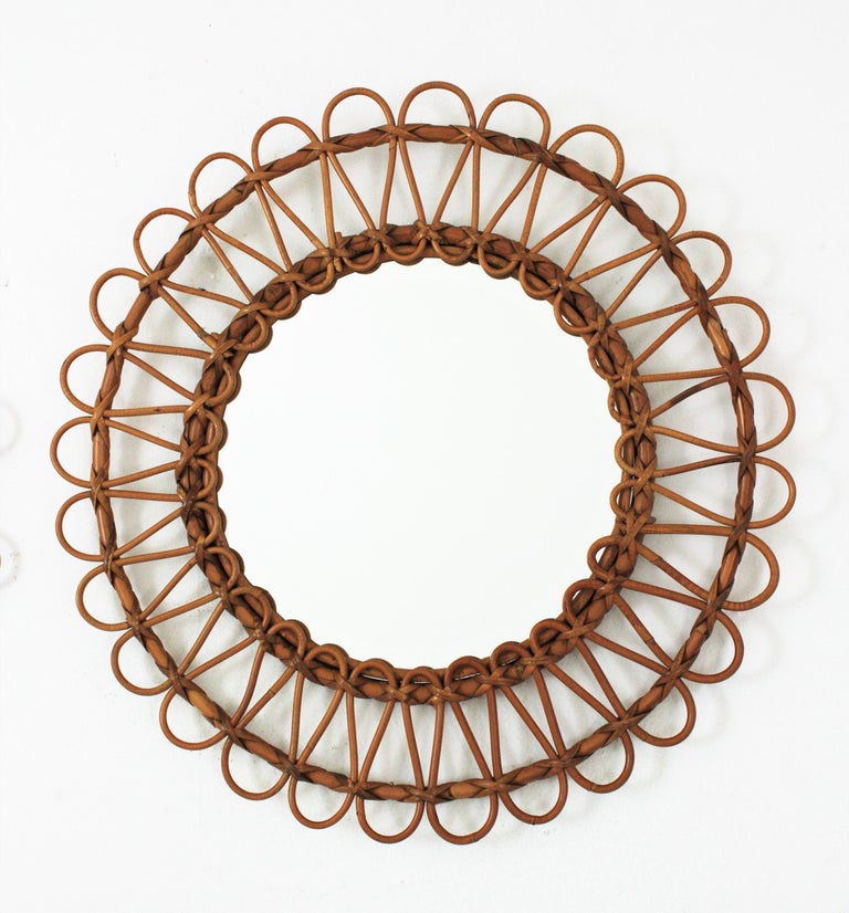 Rattan Round Sunburst Mirrors, Unmatching Pair For Sale at 1stDibs