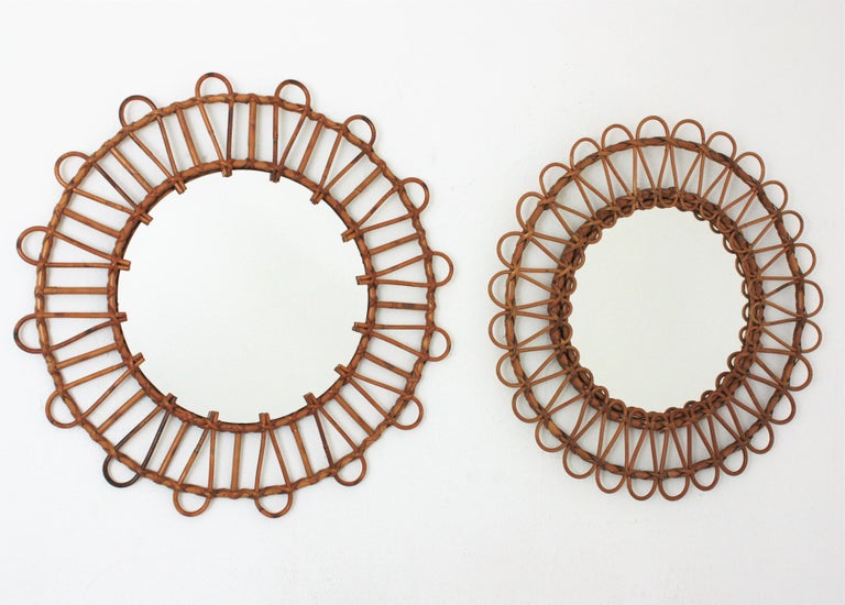 Rattan Round Sunburst Mirrors, Unmatching Pair For Sale at 1stDibs