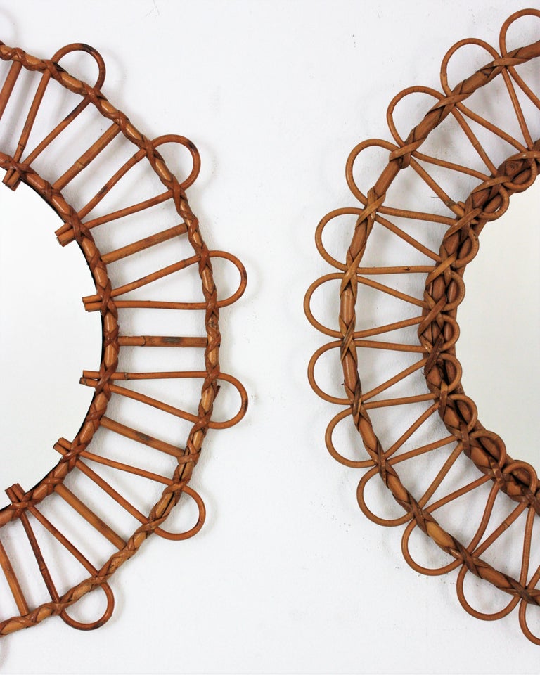 Rattan Round Sunburst Mirrors, Unmatching Pair For Sale at 1stDibs