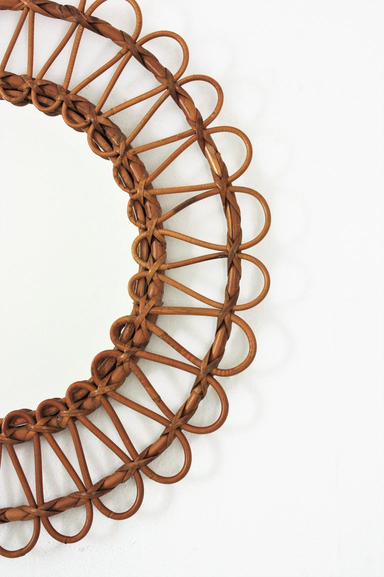 Rattan Round Sunburst Mirrors, Unmatching Pair For Sale at 1stDibs