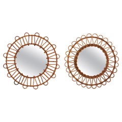 Rattan Round Sunburst Mirrors, Unmatching Pair