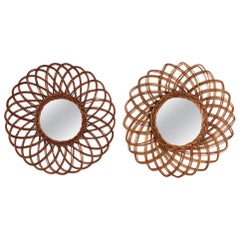 Unmatching Pair of Rattan Sunburst Flower Shaped Mirrors, Spain, 1960s