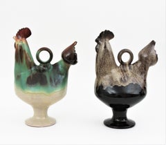 Unmatching Pair of Rooster Glazed Ceramic Pitchers, Spain 1970s