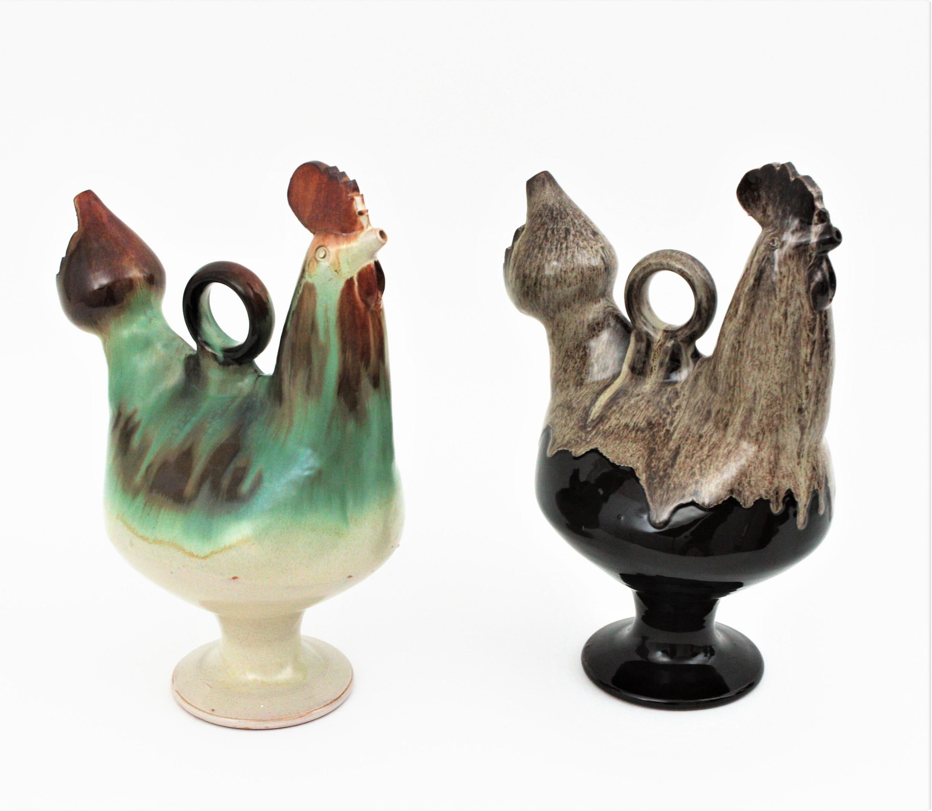 Spanish Unmatching Pair of Rooster Glazed Ceramic Pitchers, Spain, 1970s For Sale