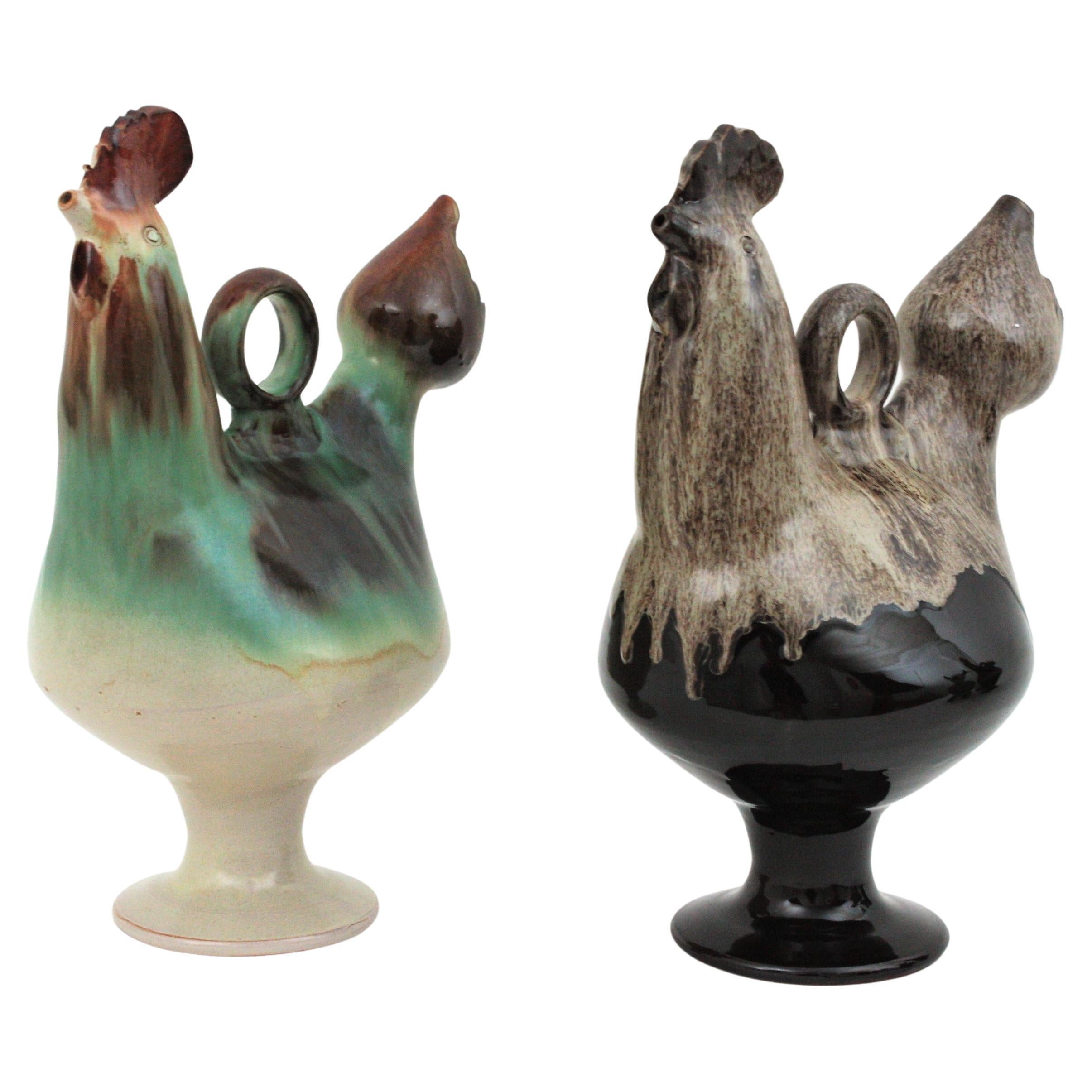 Unmatching Pair of Rooster Glazed Ceramic Pitchers, Spain, 1970s