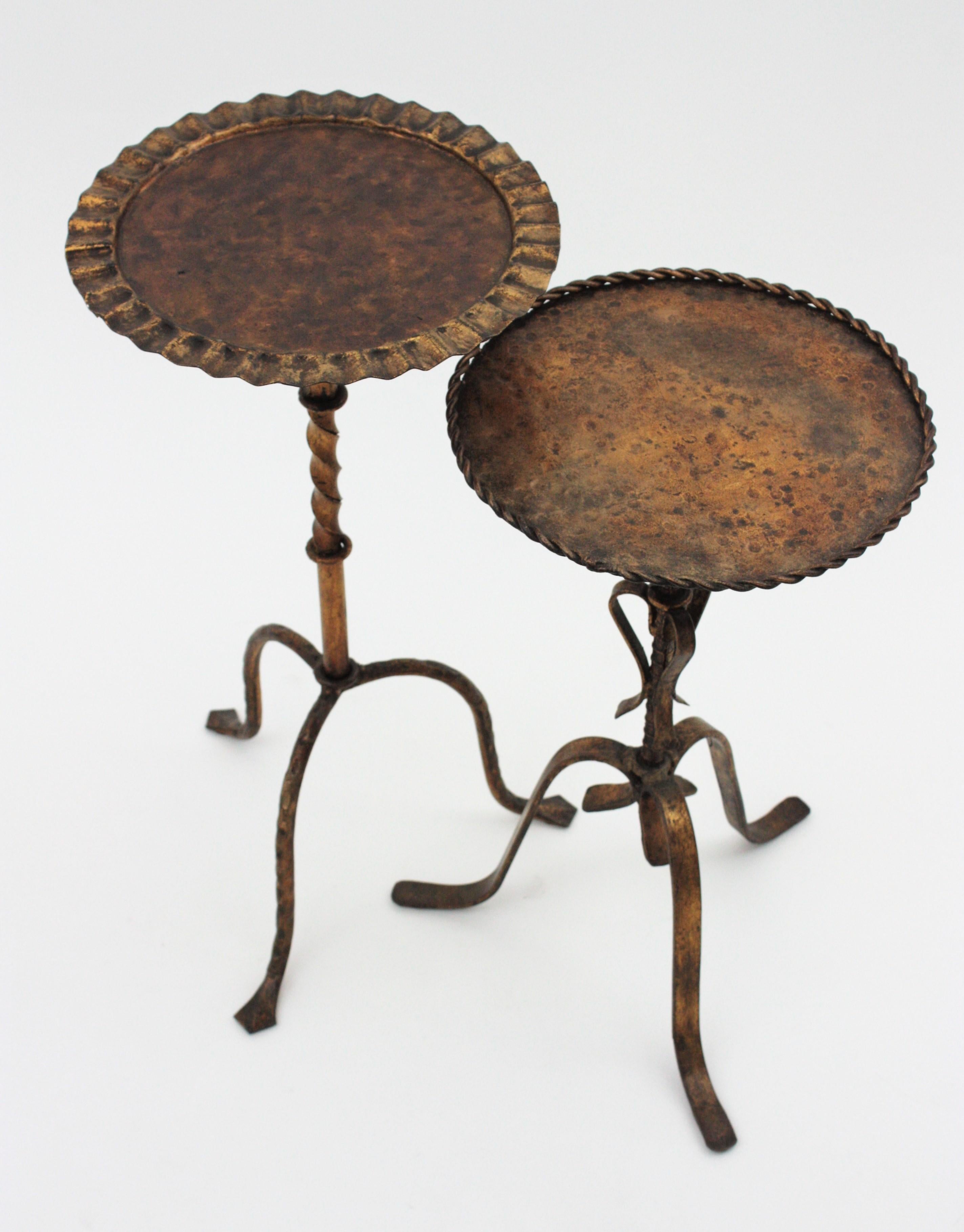 Gothic Unmatching Pair of Spanish Drinks Tables or Side Tables in Gilt Iron, 1940s