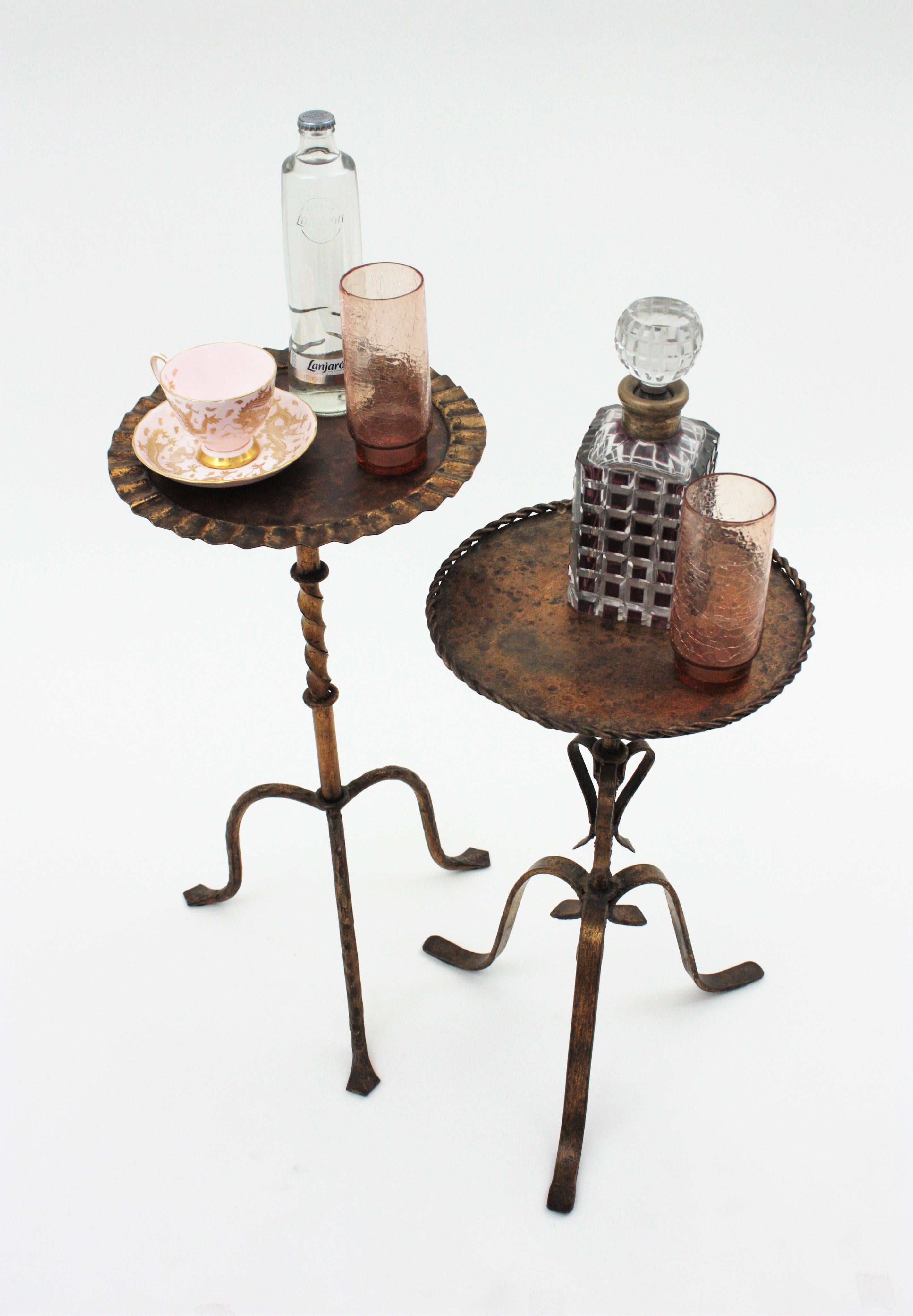 Metal Unmatching Pair of Spanish Drinks Tables or Side Tables in Gilt Iron, 1940s