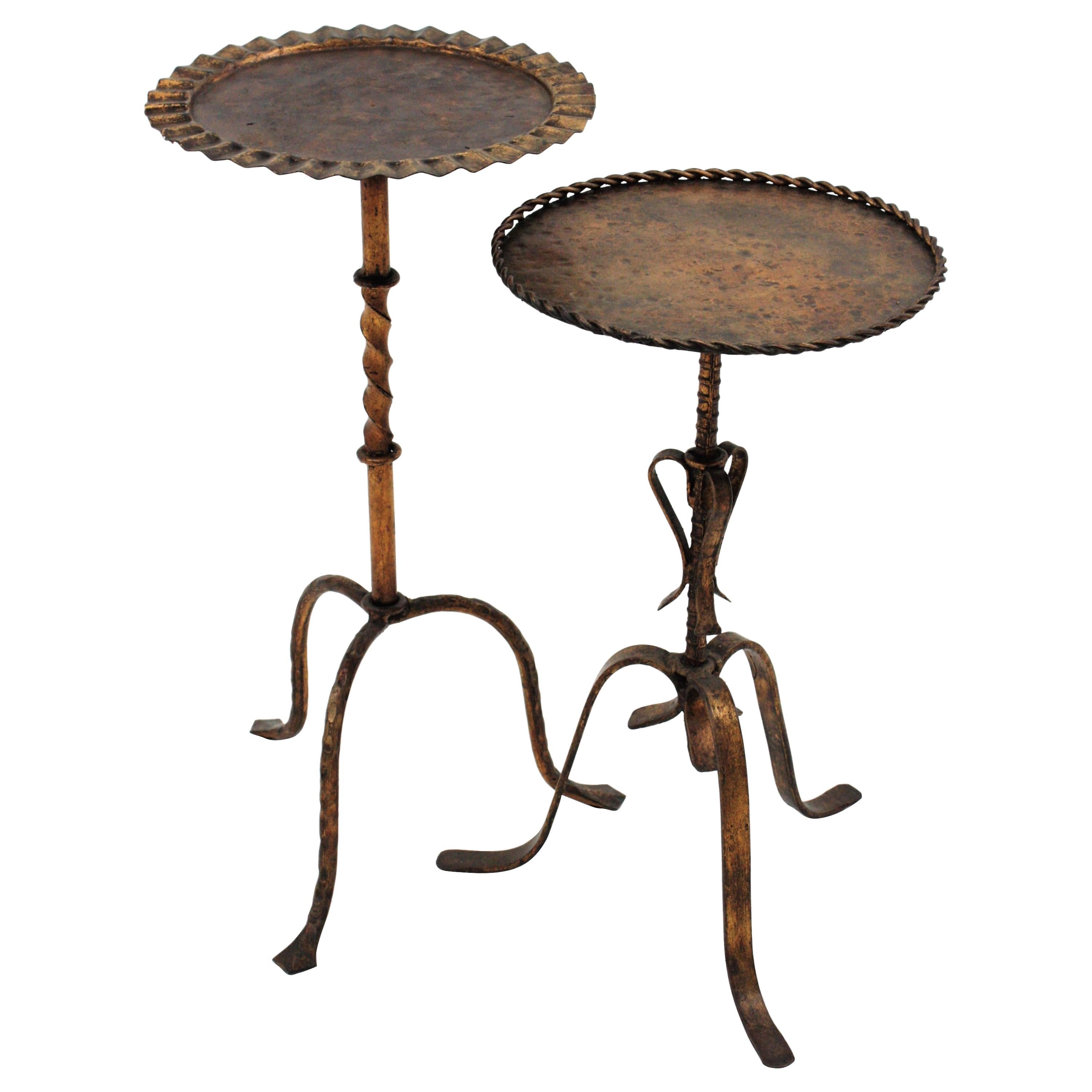 Unmatching Pair of Spanish Drinks Tables or Side Tables in Gilt Iron, 1940s