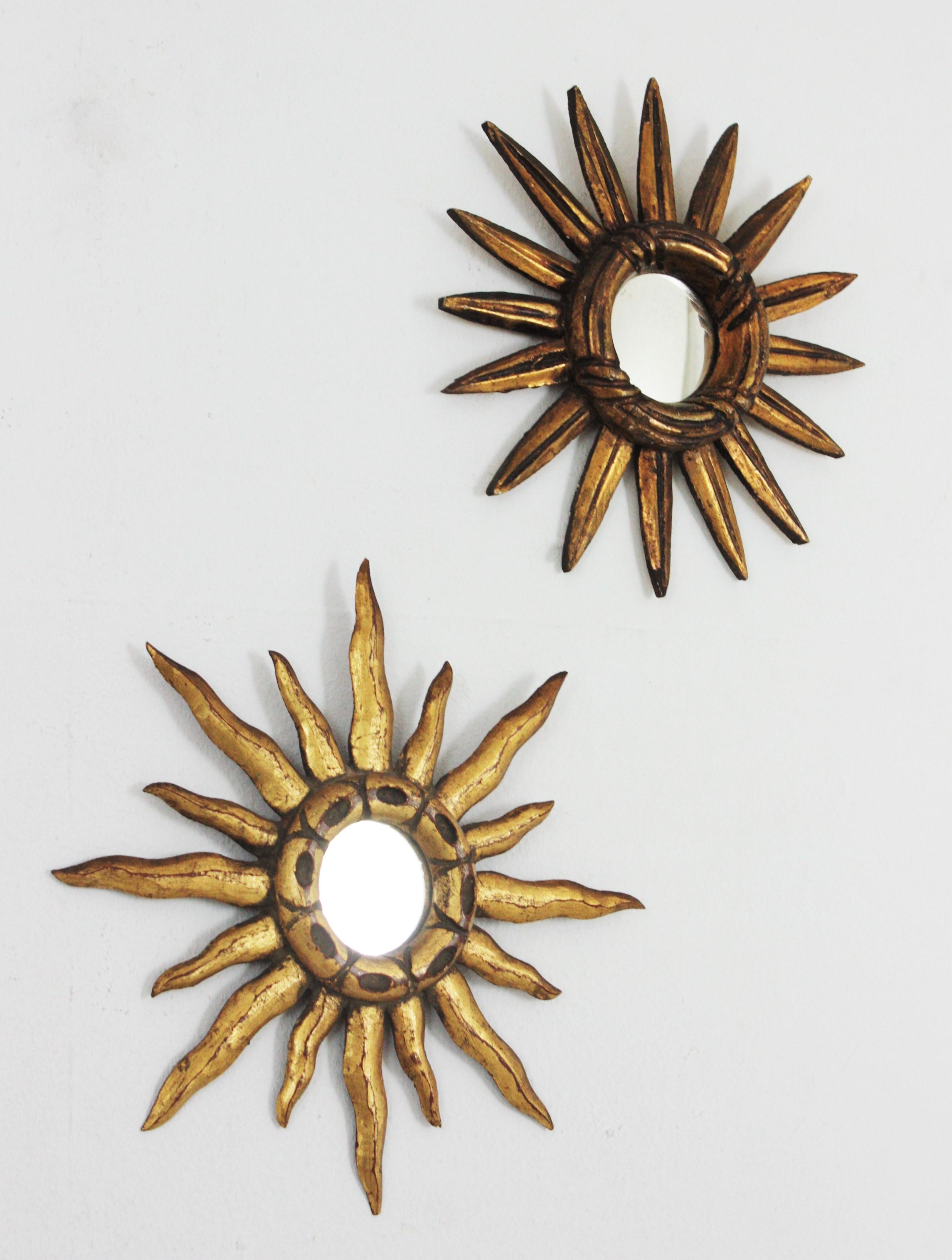 Unmatching Pair of Spanish Giltwood Mini Sunburst Mirrors, 1940s 9