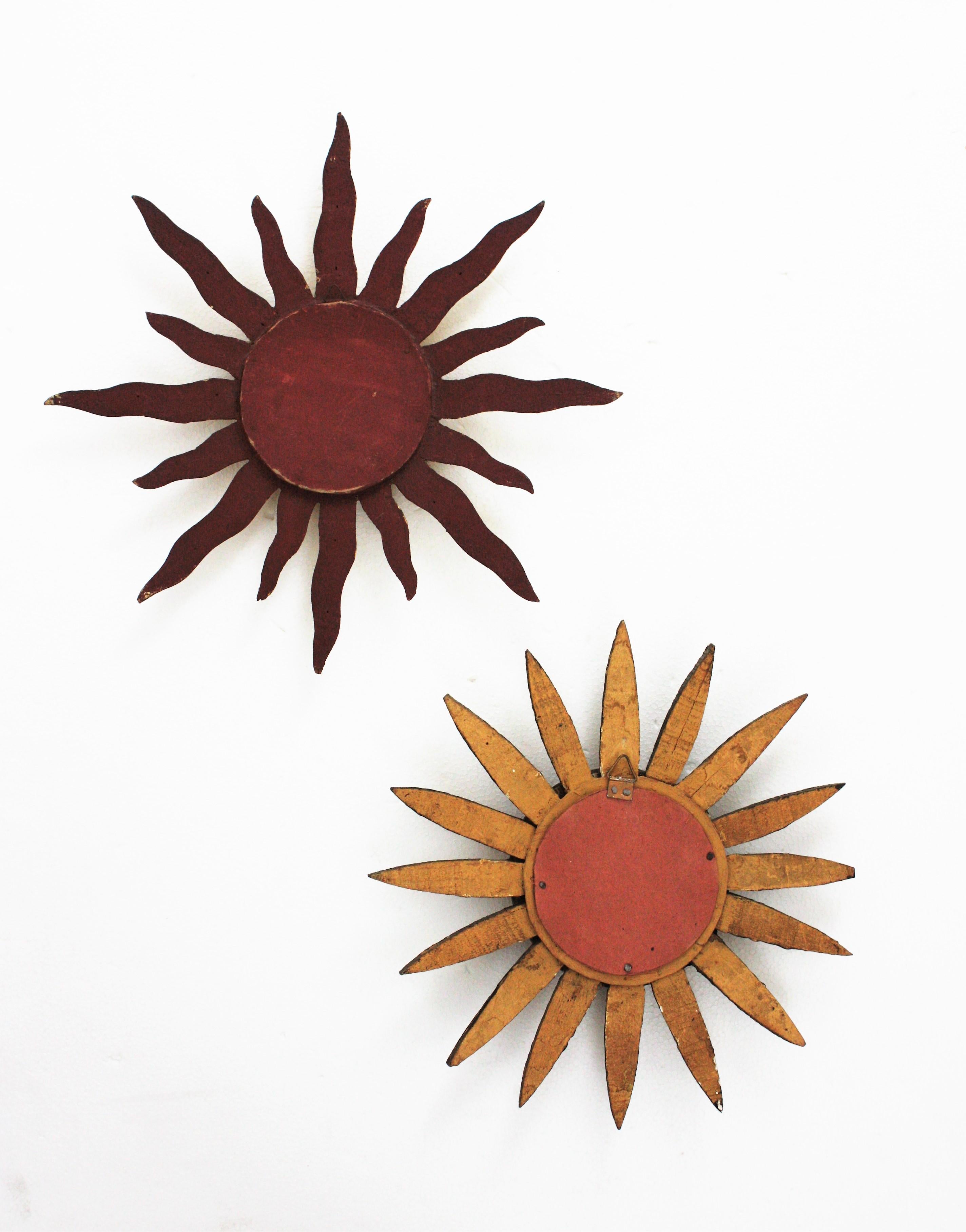 Unmatching Pair of Spanish Giltwood Mini Sunburst Mirrors, 1940s 11