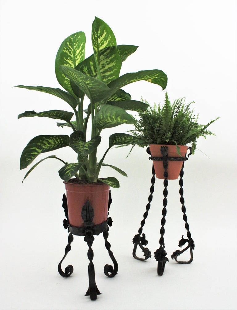 Unmatching Pair of Spanish Wrought Iron Plant Stands / Planters at