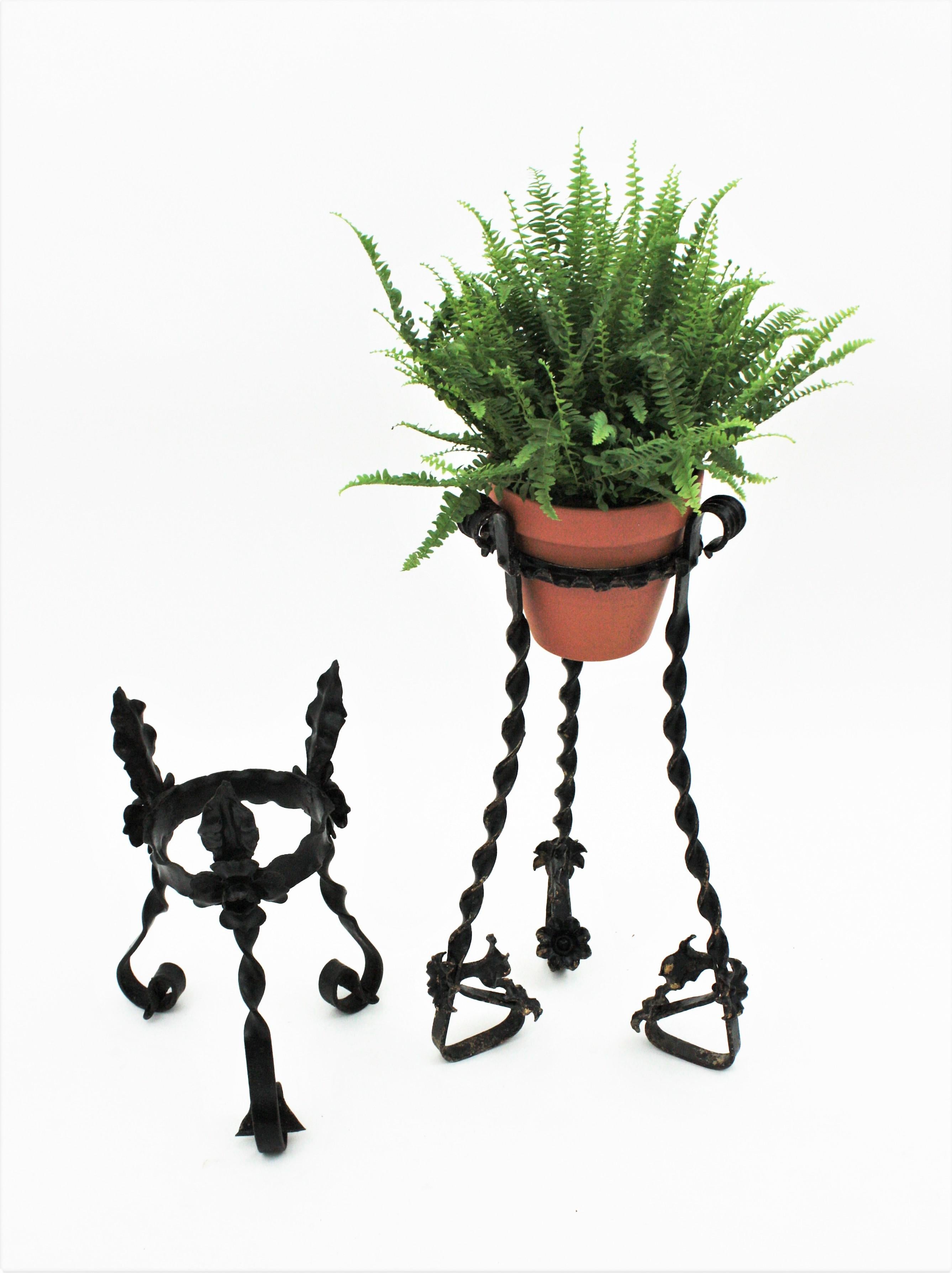 Unmatching Pair of Spanish Wrought Iron Plant Stands / Planters 7