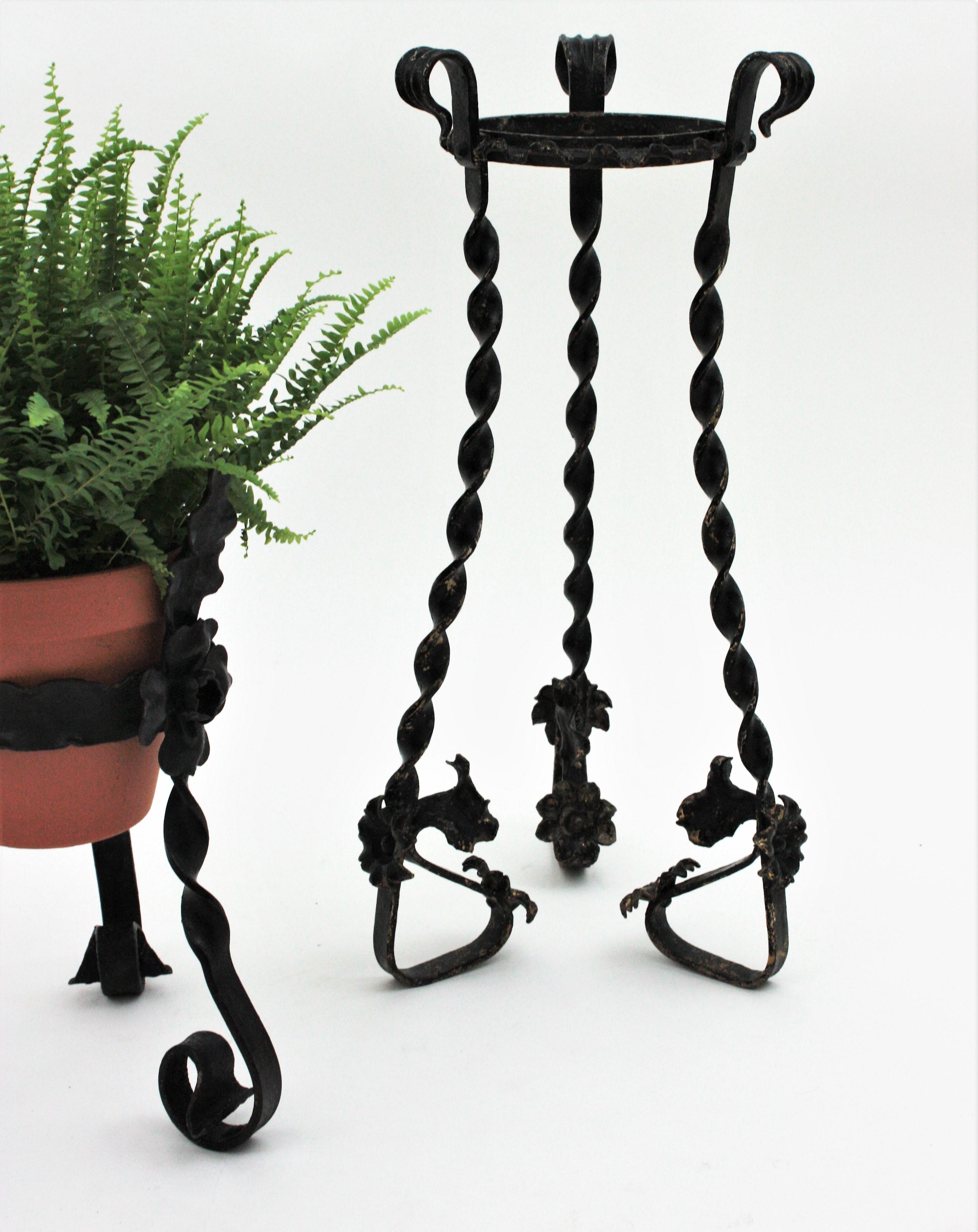 Forged Unmatching Pair of Spanish Wrought Iron Plant Stands / Planters