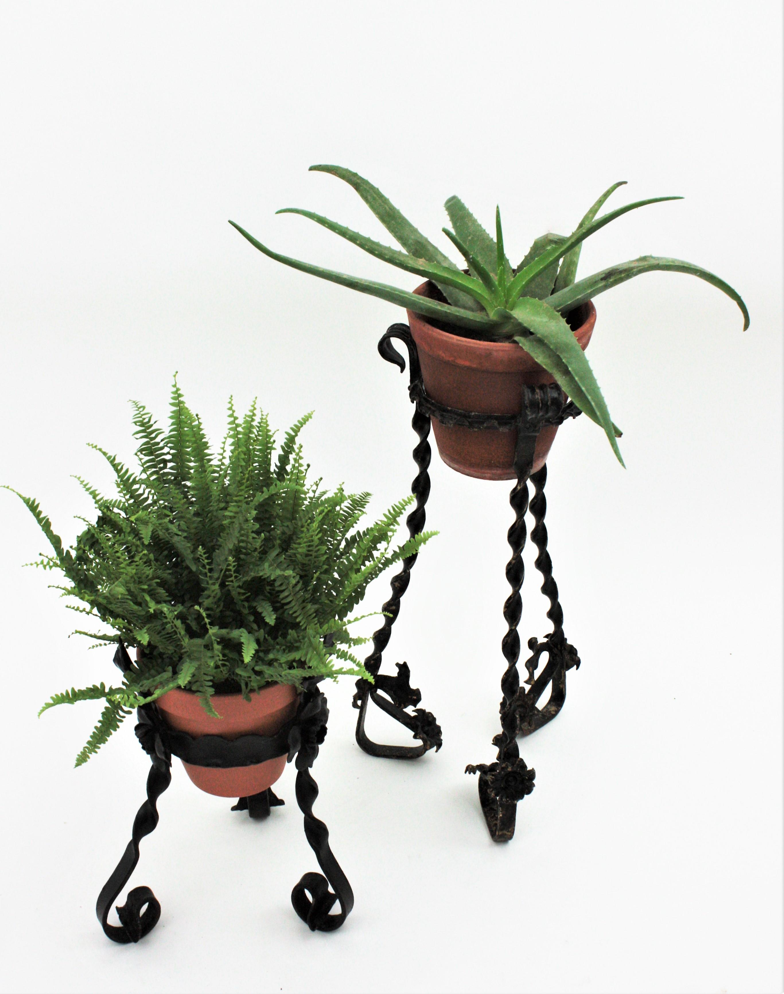 20th Century Unmatching Pair of Spanish Wrought Iron Plant Stands / Planters
