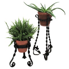Vintage Unmatching Pair of Spanish Wrought Iron Plant Stands / Planters