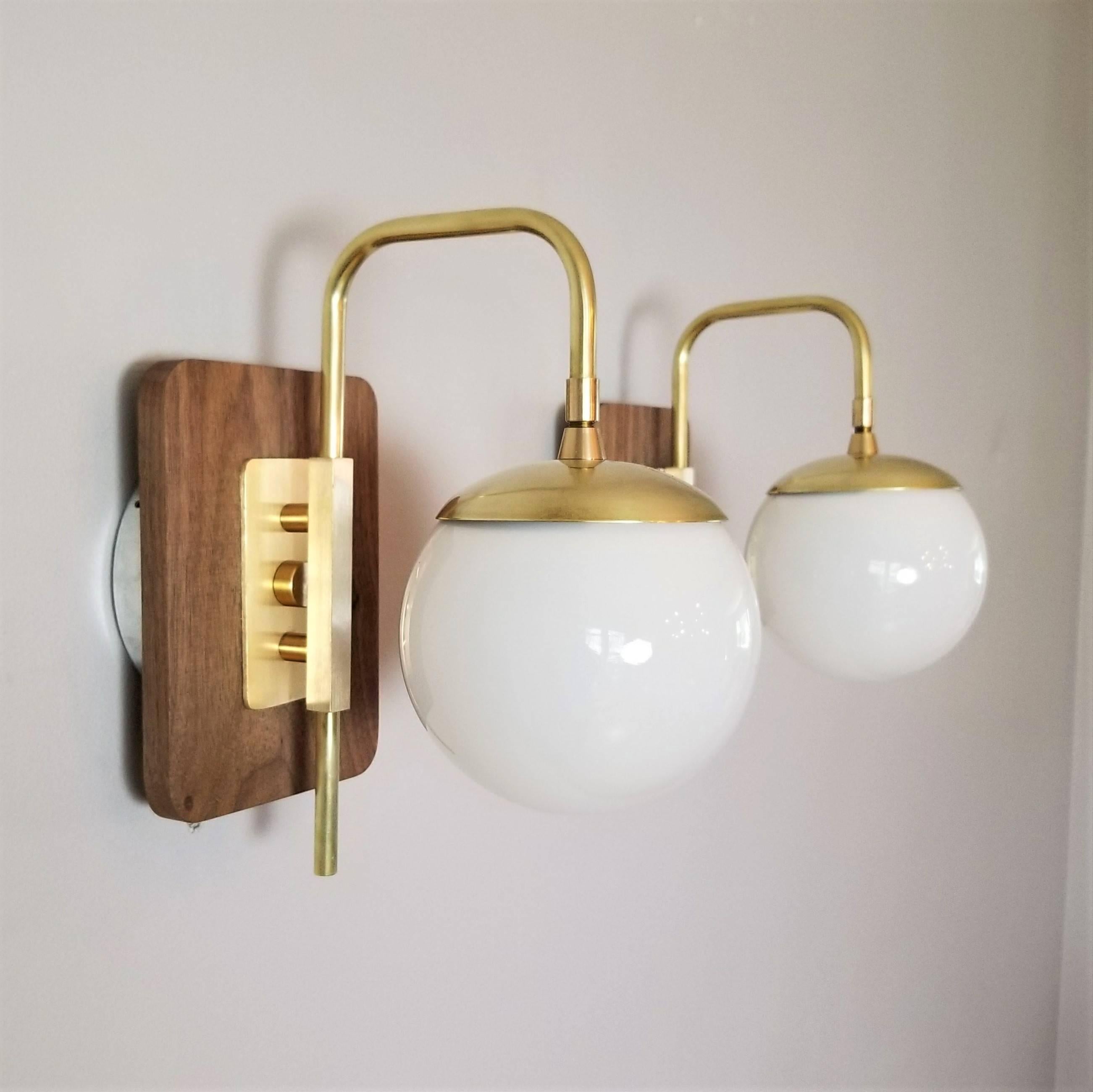 Mid-Century Modern 'Unna' Wall Mount Sconce in Walnut, Brass and Blown Glass by Blueprint Lighting