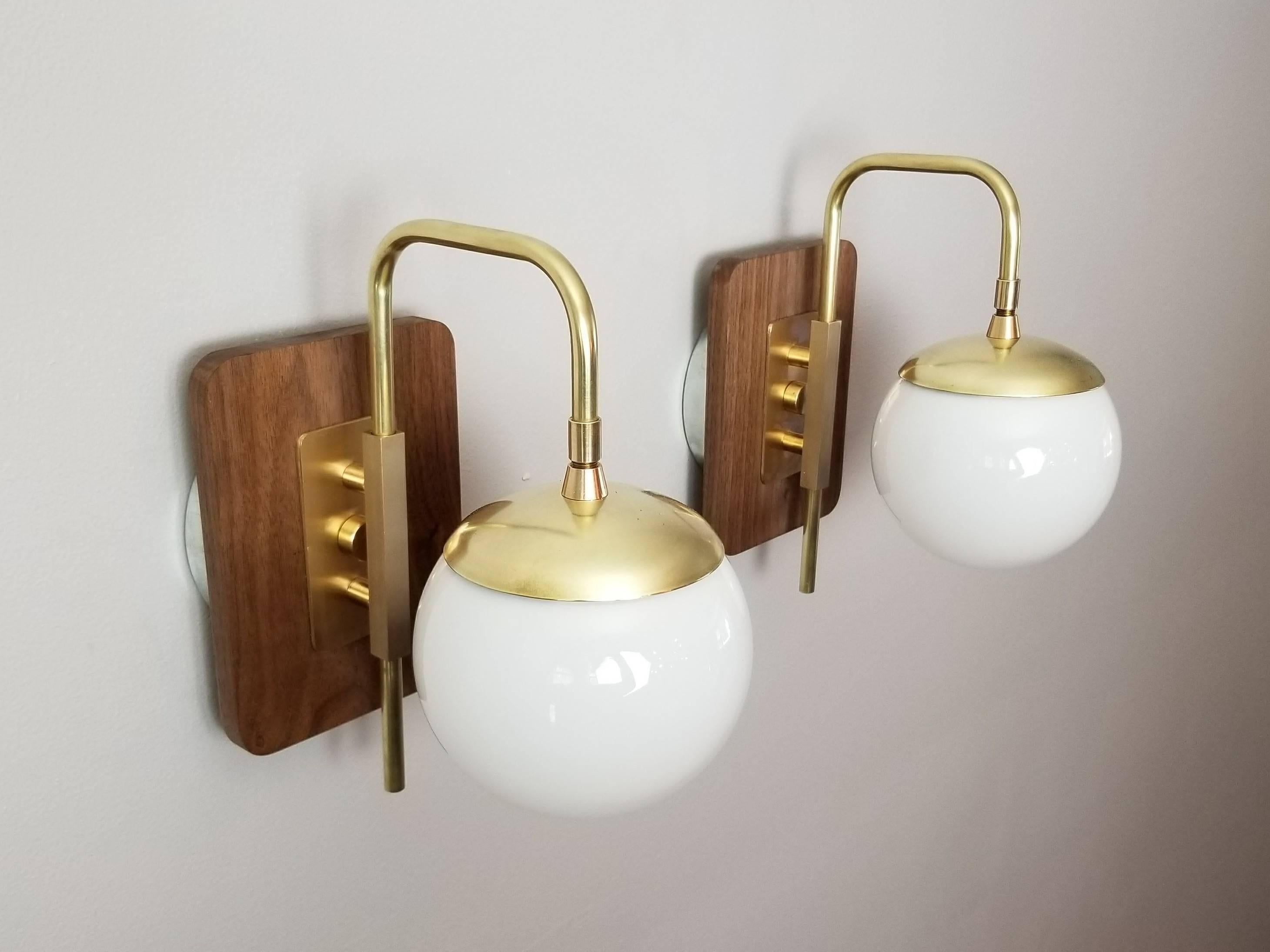 American 'Unna' Wall Mount Sconce in Walnut, Brass and Blown Glass by Blueprint Lighting
