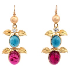 UNO A ERRE Estate 18k Tourmaline, Rubellite et Diamants Pendants d'oreilles feuillage