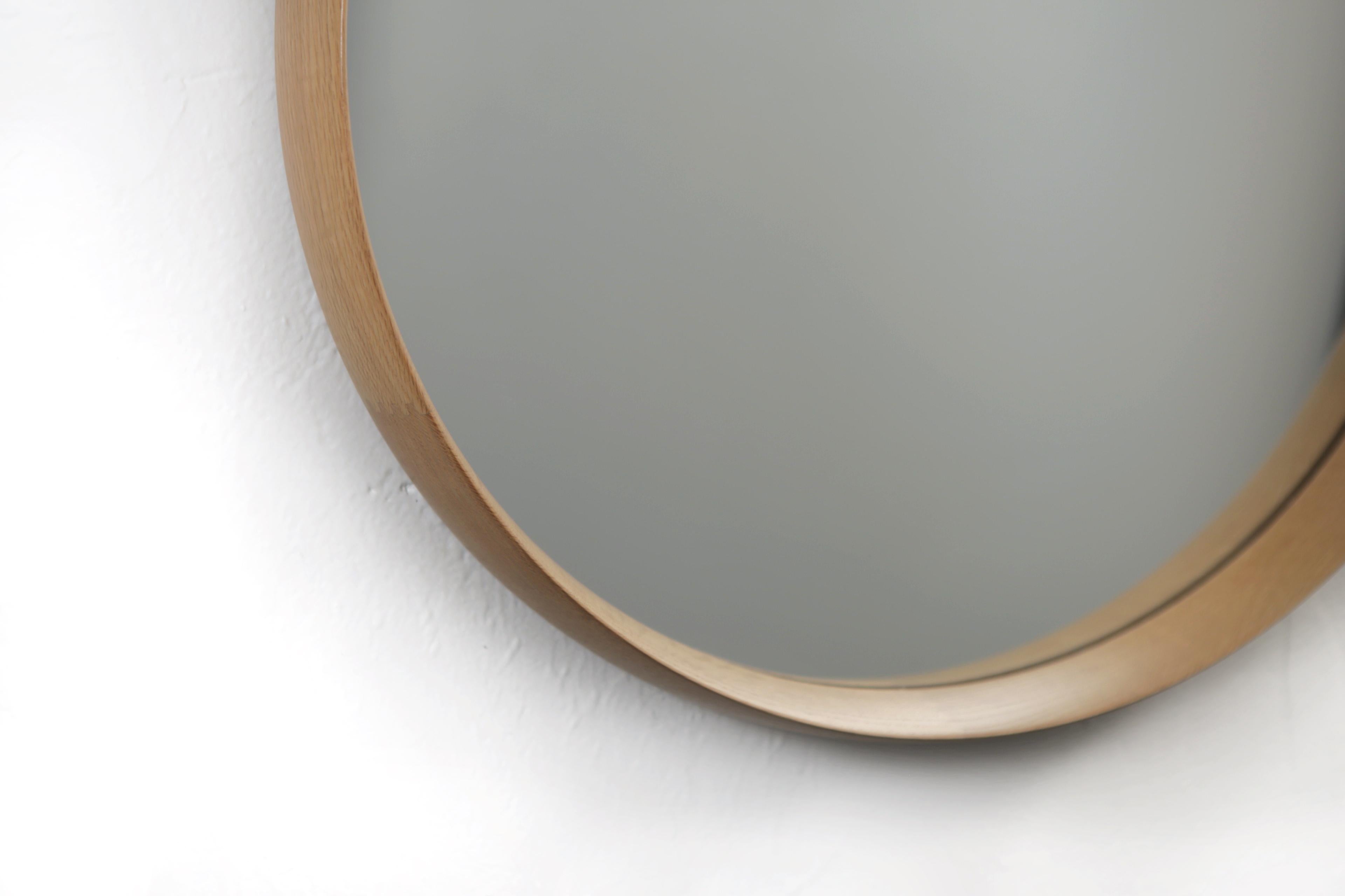 Leather Uno and Osten Kristiansson Round Oak Mirror by Luxus, Sweden, 1960s