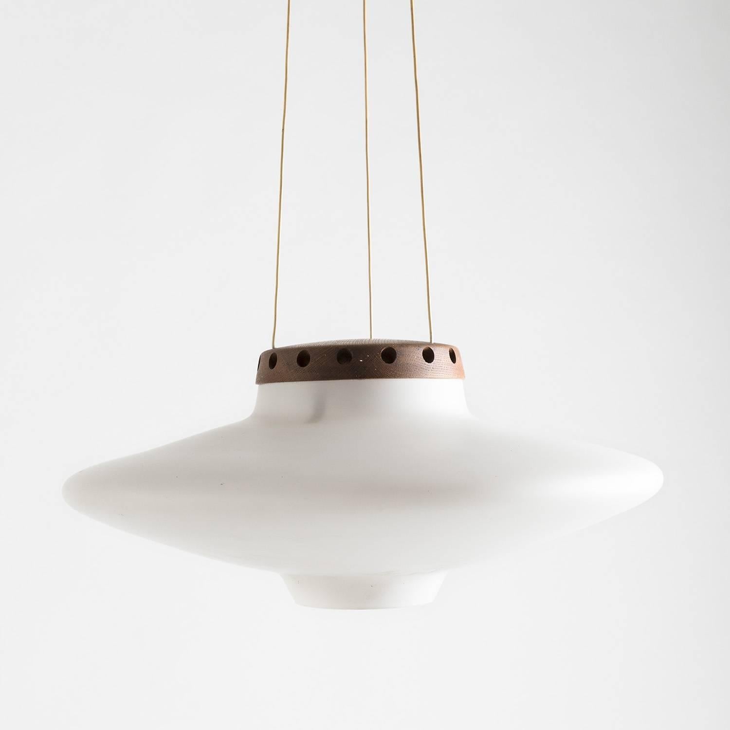 Mid-20th Century Uno and Östen Kristiansson Wooden and Opaline Glass Pendant for Luxus, 1950s For Sale